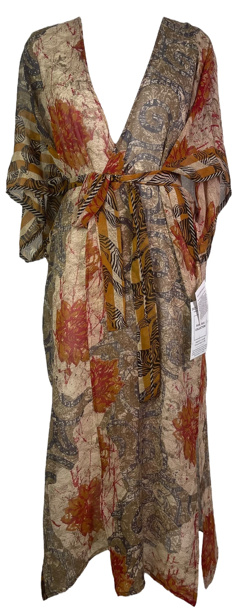 PRG8214 Sheer Avatar Long Pure Silk Kimono Sleeved Duster with Belt