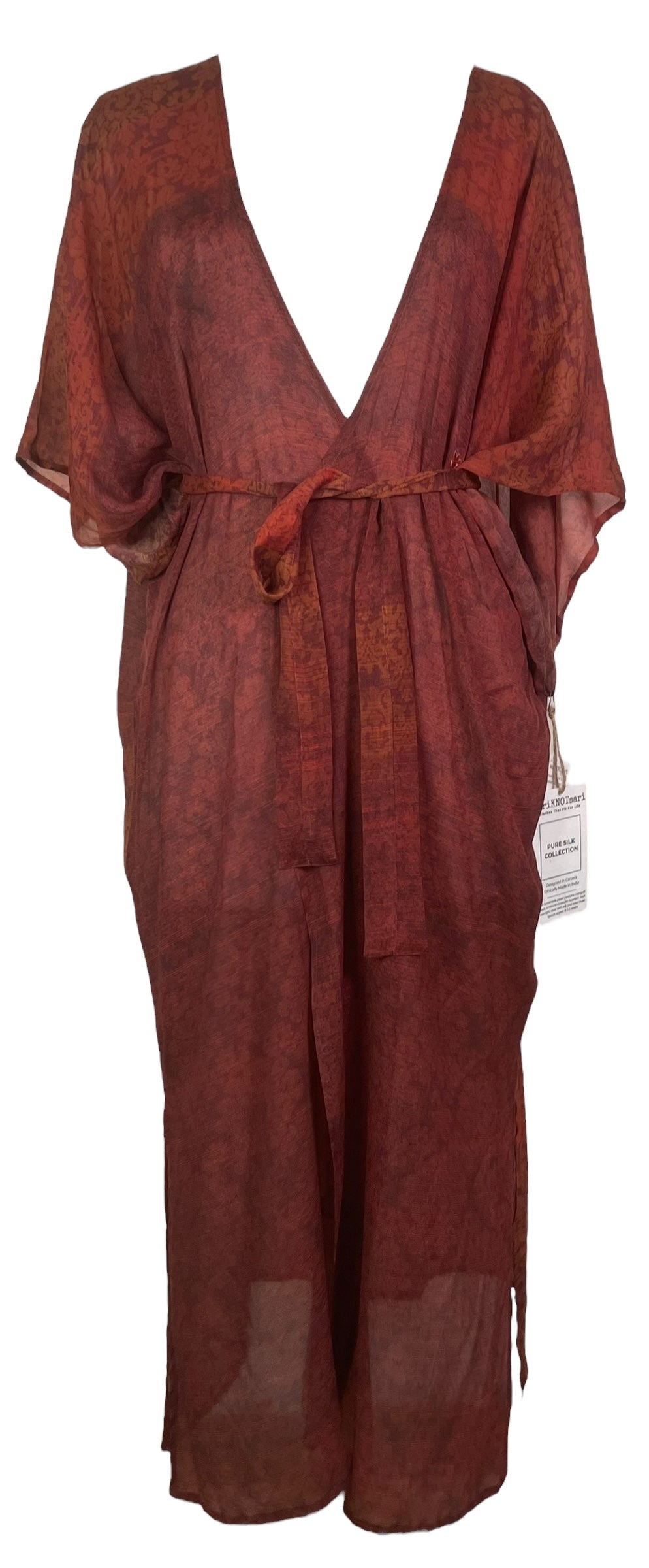 PRG8055 Sheer Avatar Long Pure Silk Kimono Sleeved Duster with Belt