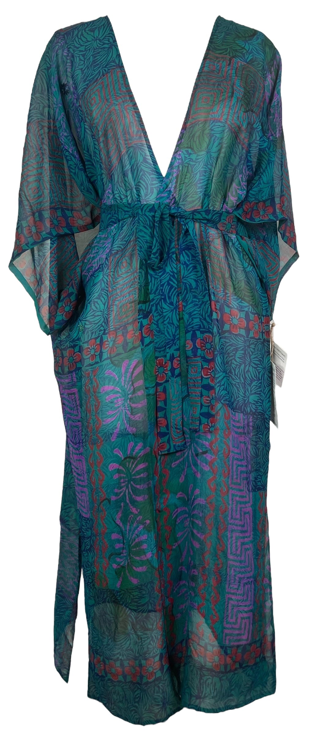 PRG8268 Sheer Avatar Long Pure Silk Kimono Sleeved Duster with Belt