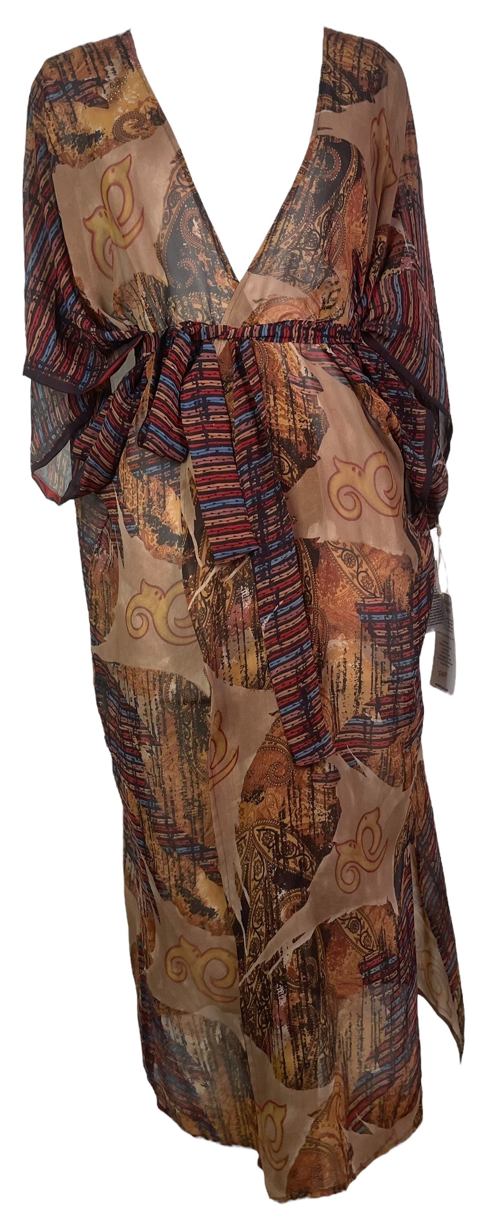 PRG8218 Sheer Avatar Long Pure Silk Kimono Sleeved Duster with Belt