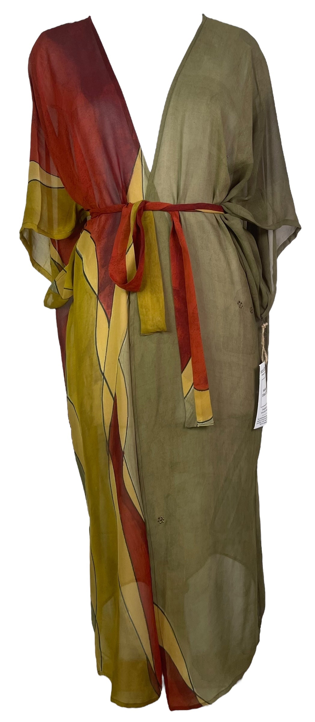 PRG8272 Sheer Avatar Long Pure Silk Kimono Sleeved Duster with Belt