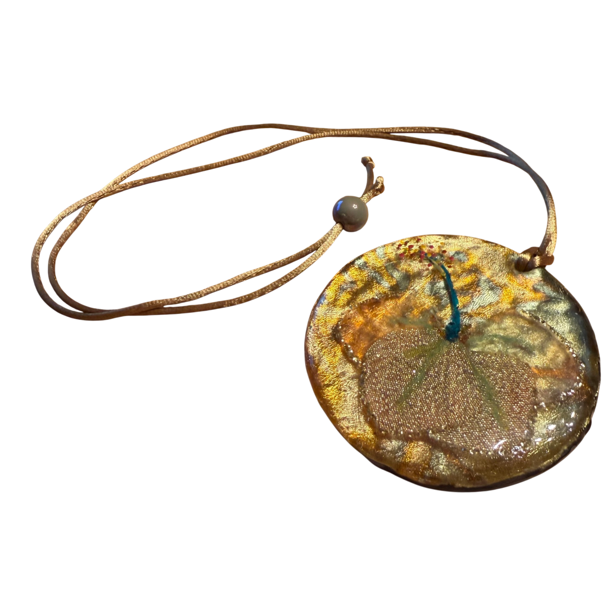 Golden Flower Fairy Hat Pendant by Kristine’s Kreations – Handmade ethical Necklace from sariKNOTsari using upcycled silk. Designed in Canada for travel and slow fashion, loved from Toronto to LA to Sydney. Featuring Zsiska, Bryn Walker and Artisan Leather coats by Rejean Pepin, Pepin designs