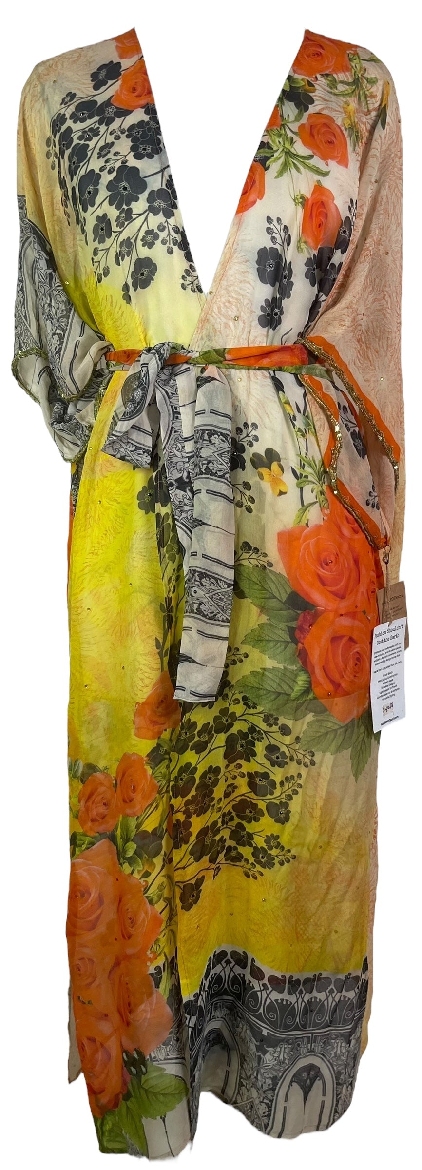 PRG8056 Sheer Wabi Sabi Pure Silk Kimono Sleeved Duster with Belt