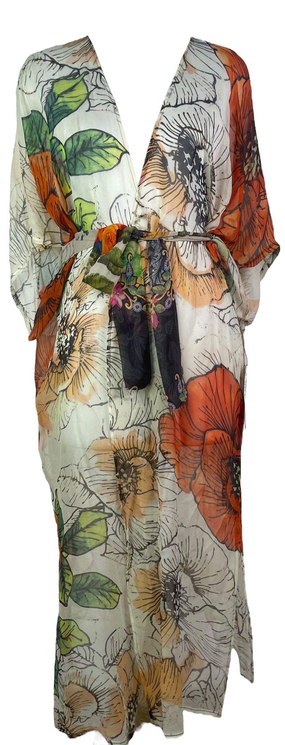 PRG8349 Sheer Wabi Sabi Pure Silk Kimono Sleeved Duster with Belt