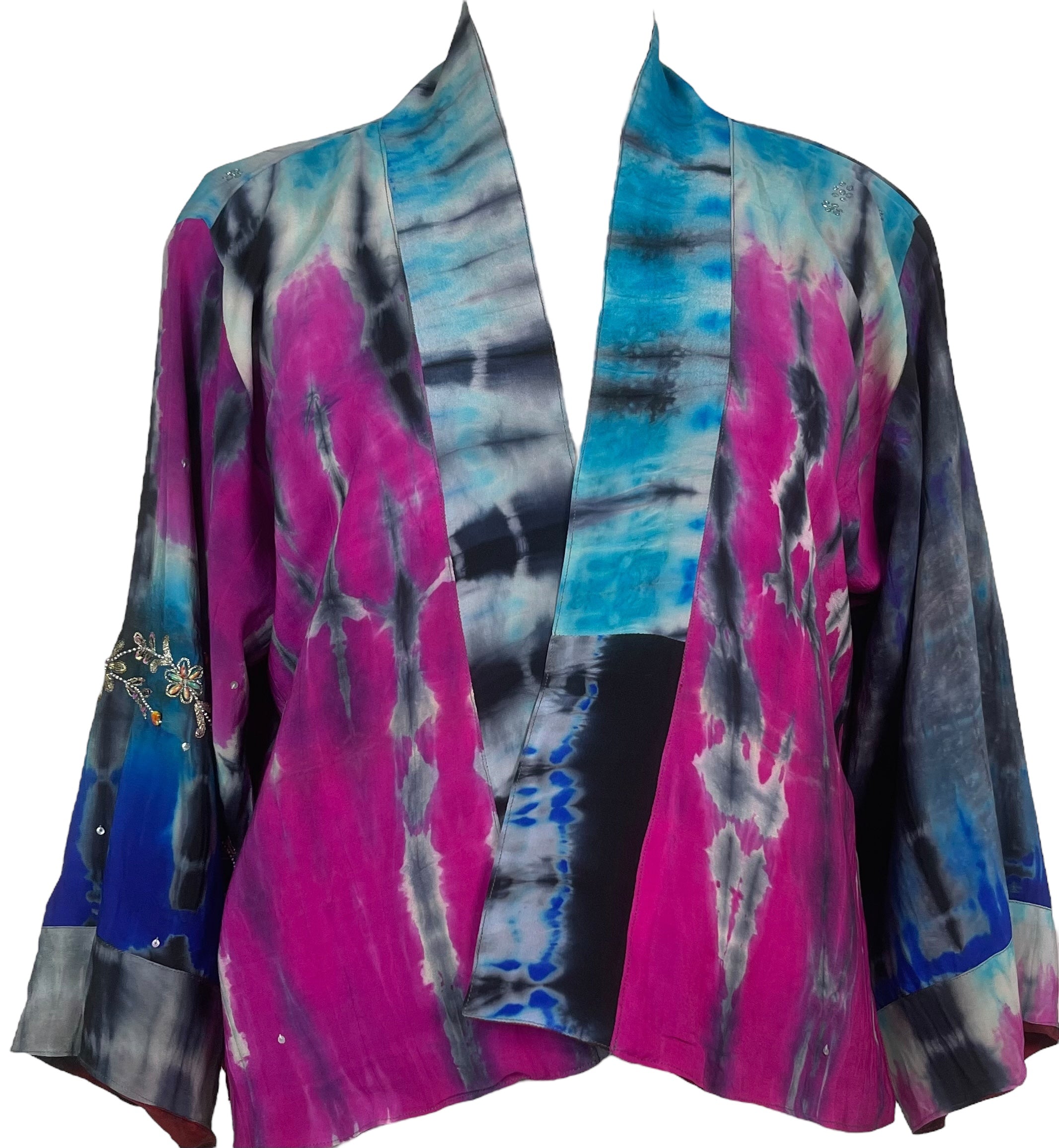PREVIEW PRC8356 Avatar Reversible Pure Silk Jiva Jacket with Slits by DECEMBER2025 – Handmade ethical Jiva Jacket from sariKNOTsari using upcycled silk. Designed in Canada for travel and slow fashion, loved from Toronto to LA to Sydney.