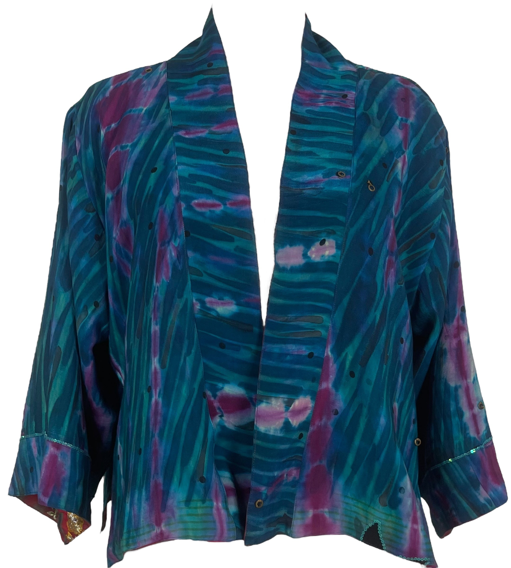 PREVIEW PRC8365 Avatar Reversible Pure Silk Jiva Jacket with Slits by DECEMBER2025 – Handmade ethical Jiva Jacket from sariKNOTsari using upcycled silk. Designed in Canada for travel and slow fashion, loved from Toronto to LA to Sydney.