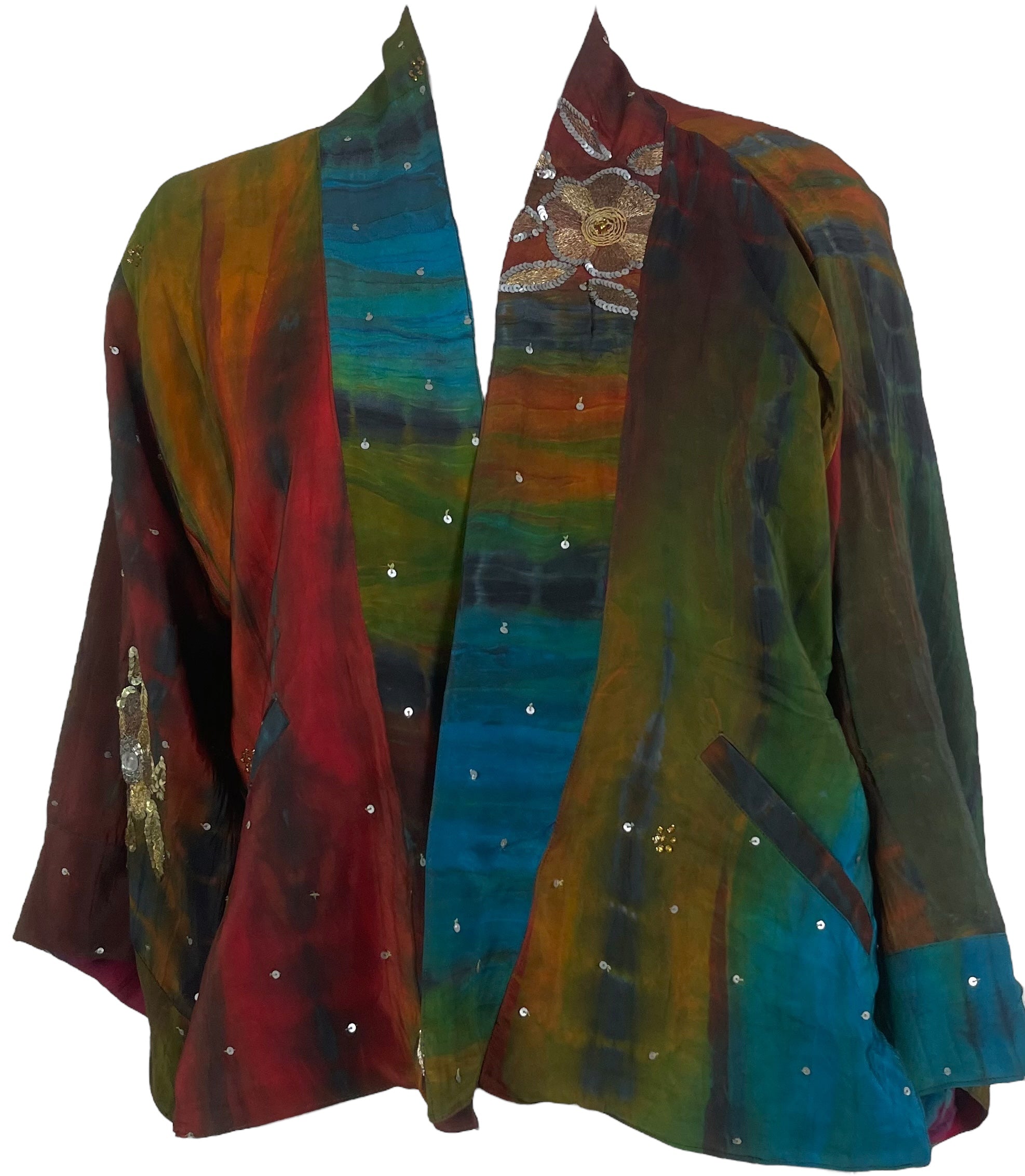PREVIEW PRC8377 Avatar Reversible Pure Silk Jiva Jacket with Slits by DECEMBER2025 – Handmade ethical Jiva Jacket from sariKNOTsari using upcycled silk. Designed in Canada for travel and slow fashion, loved from Toronto to LA to Sydney.