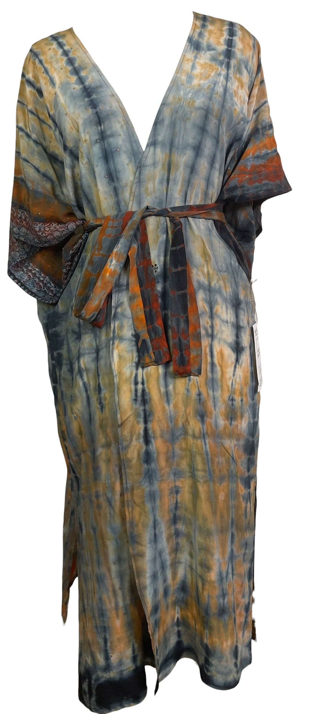 PRC9214A Avatar Long Pure Silk Kimono Sleeved Duster with Belt