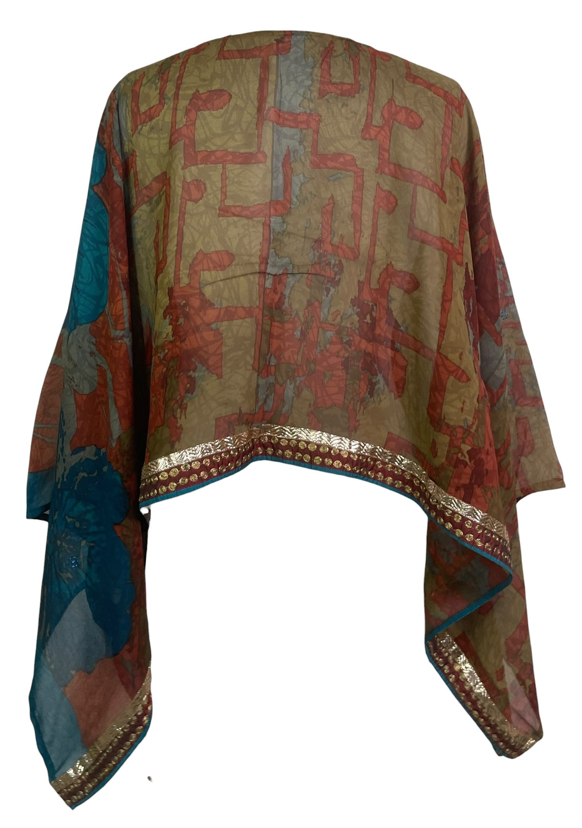 PRG8708 Sheer Wabi Sabi Pure Silk Capelet Poncho by HOLD – Handmade ethical Poncho from sariKNOTsari using upcycled silk. Designed in Canada for travel and slow fashion, loved from Toronto to LA to Sydney. Featuring Zsiska, Bryn Walker and Artisan Leather coats by Rejean Pepin, Pepin designs