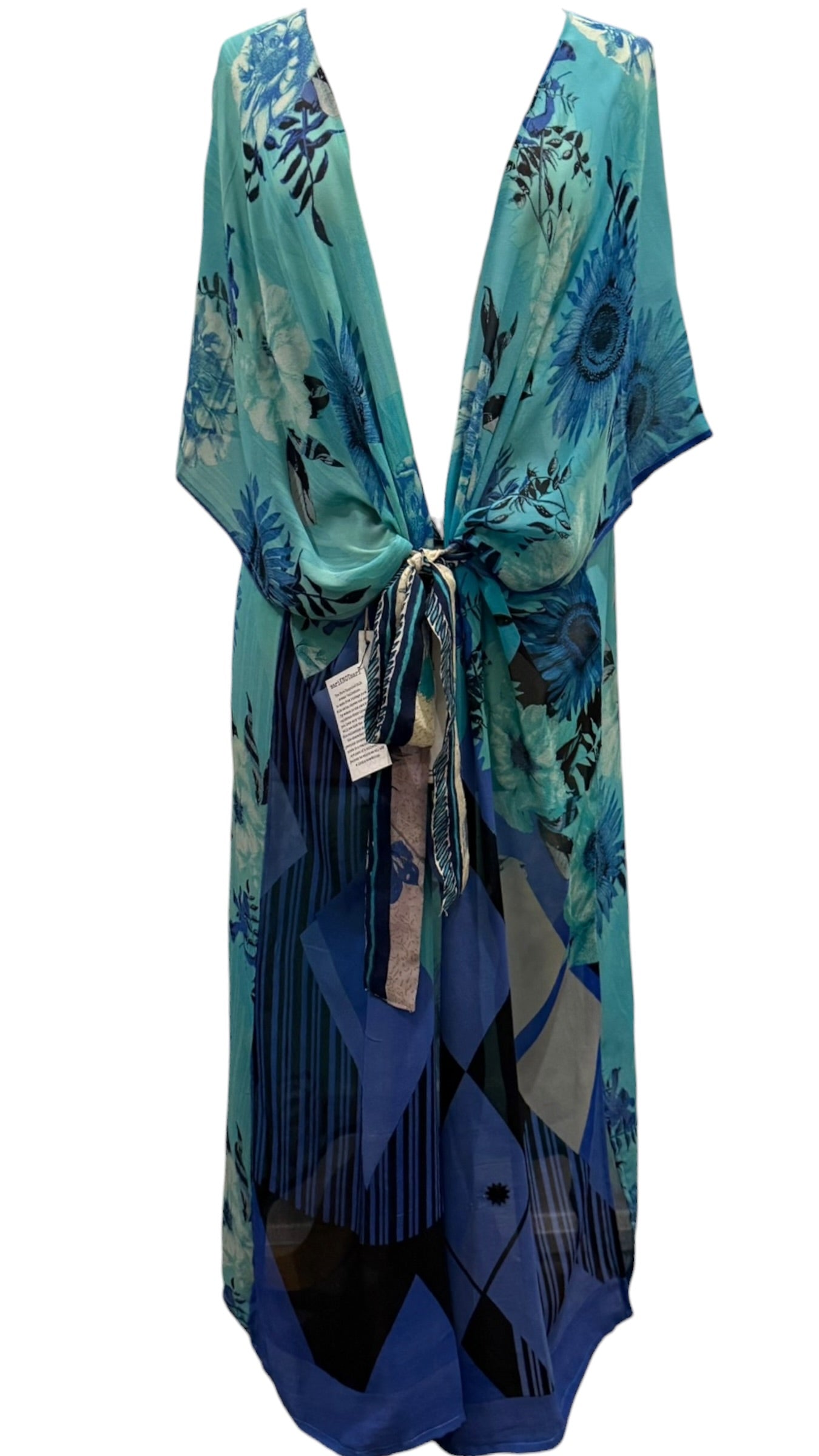 PRG5334 Sheer Avatar Long Pure Silk Kimono Sleeved Duster with Belt