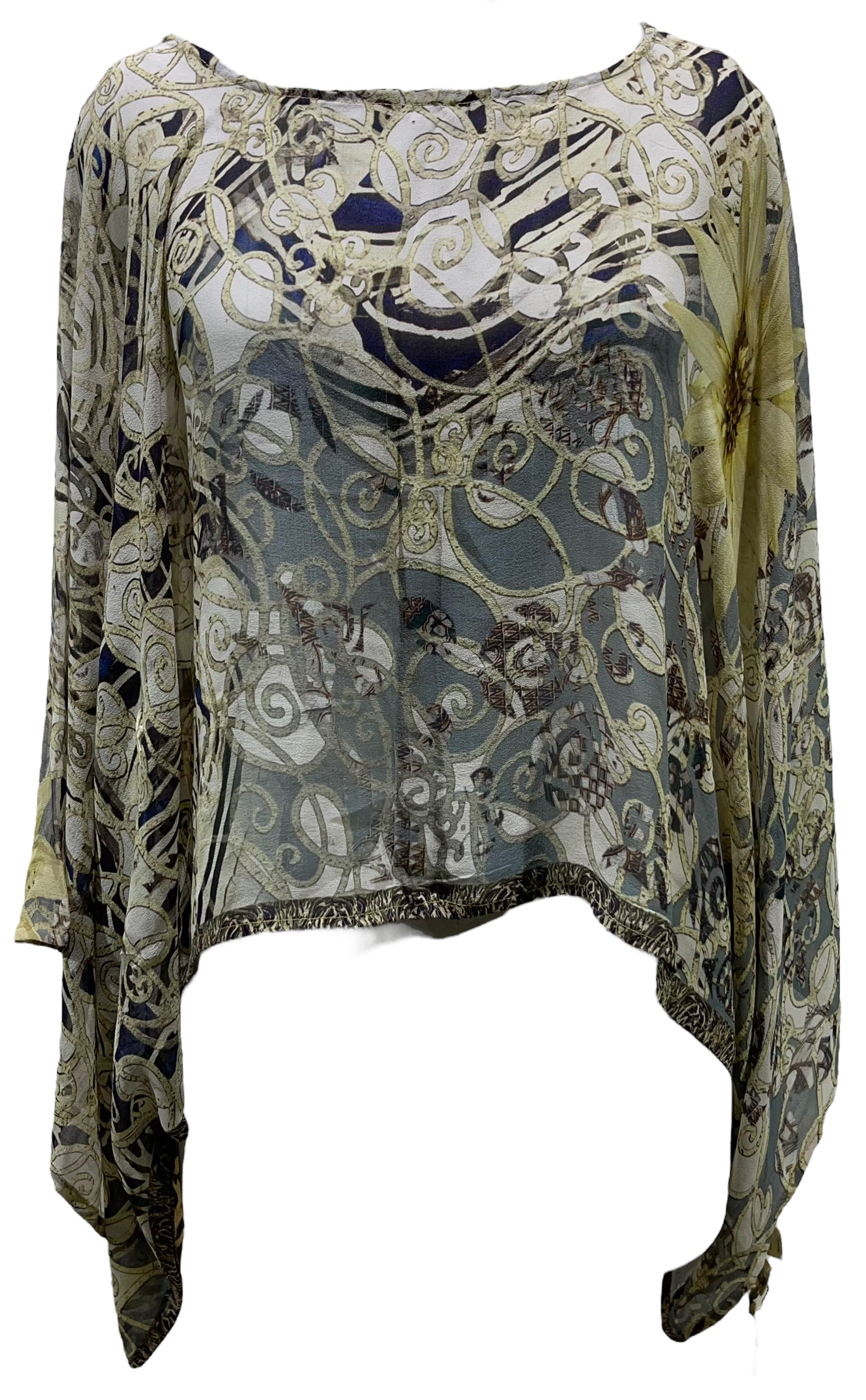 PRG4946 Sheer Wabi Sabi Pure Silk Kimono-Sleeved Top