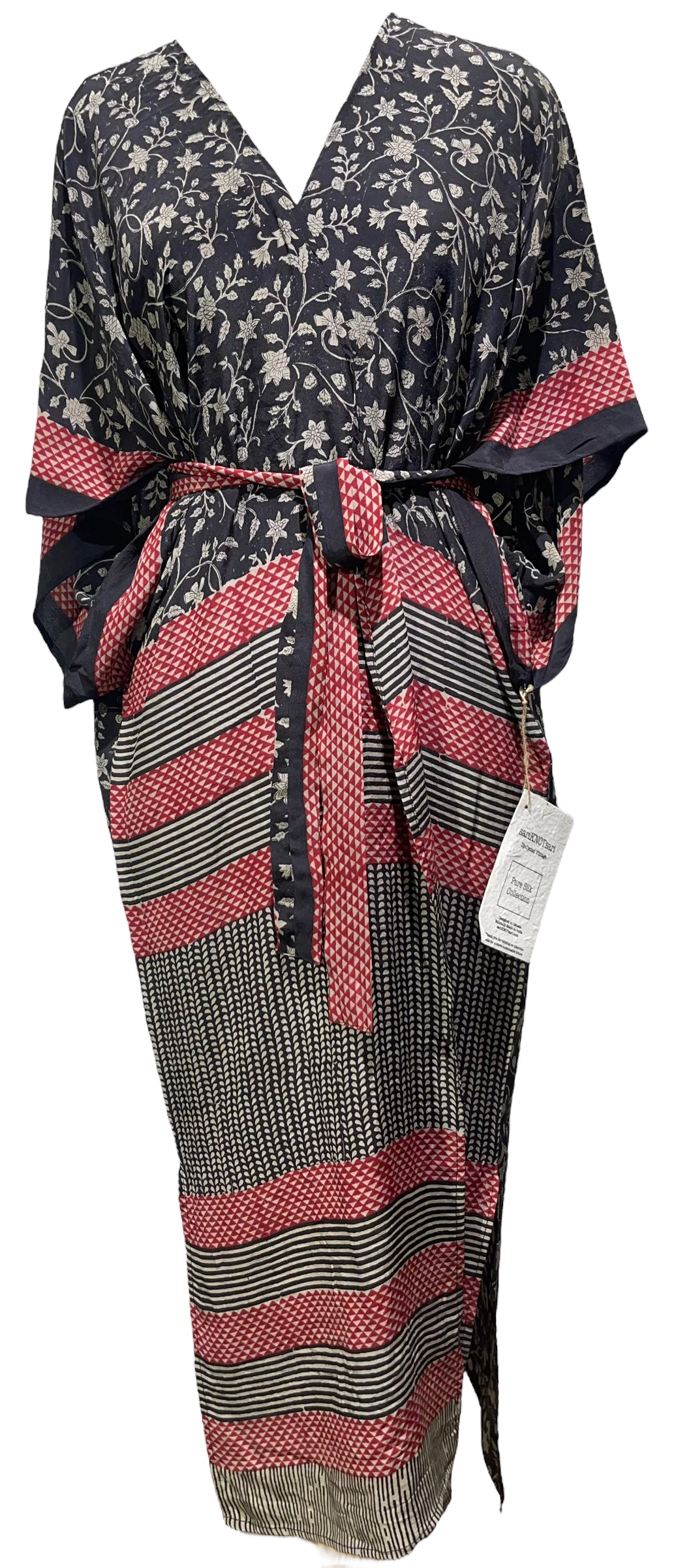 PRC3702 Nirvana Long Pure Silk Kimono Sleeved Duster with Belt