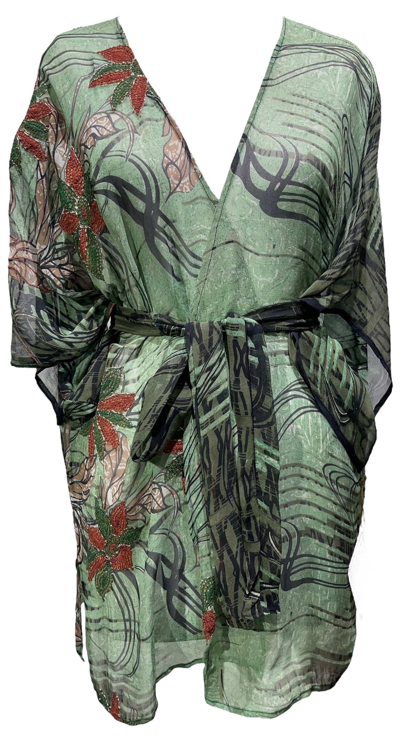 PRG3887 Sheer Avatar Pure Silk Kimono-Sleeved Jacket with Belt