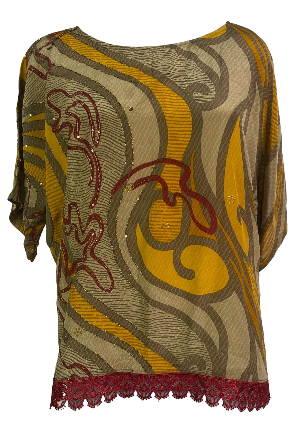 PRC8841 Wabi Sabi Pure Silk Side Slit Top by HOLD – Handmade ethical Side Slit Top from sariKNOTsari using upcycled silk. Designed in Canada for travel and slow fashion, loved from Toronto to LA to Sydney. Featuring Zsiska, Bryn Walker and Artisan Leather coats by Rejean Pepin, Pepin designs