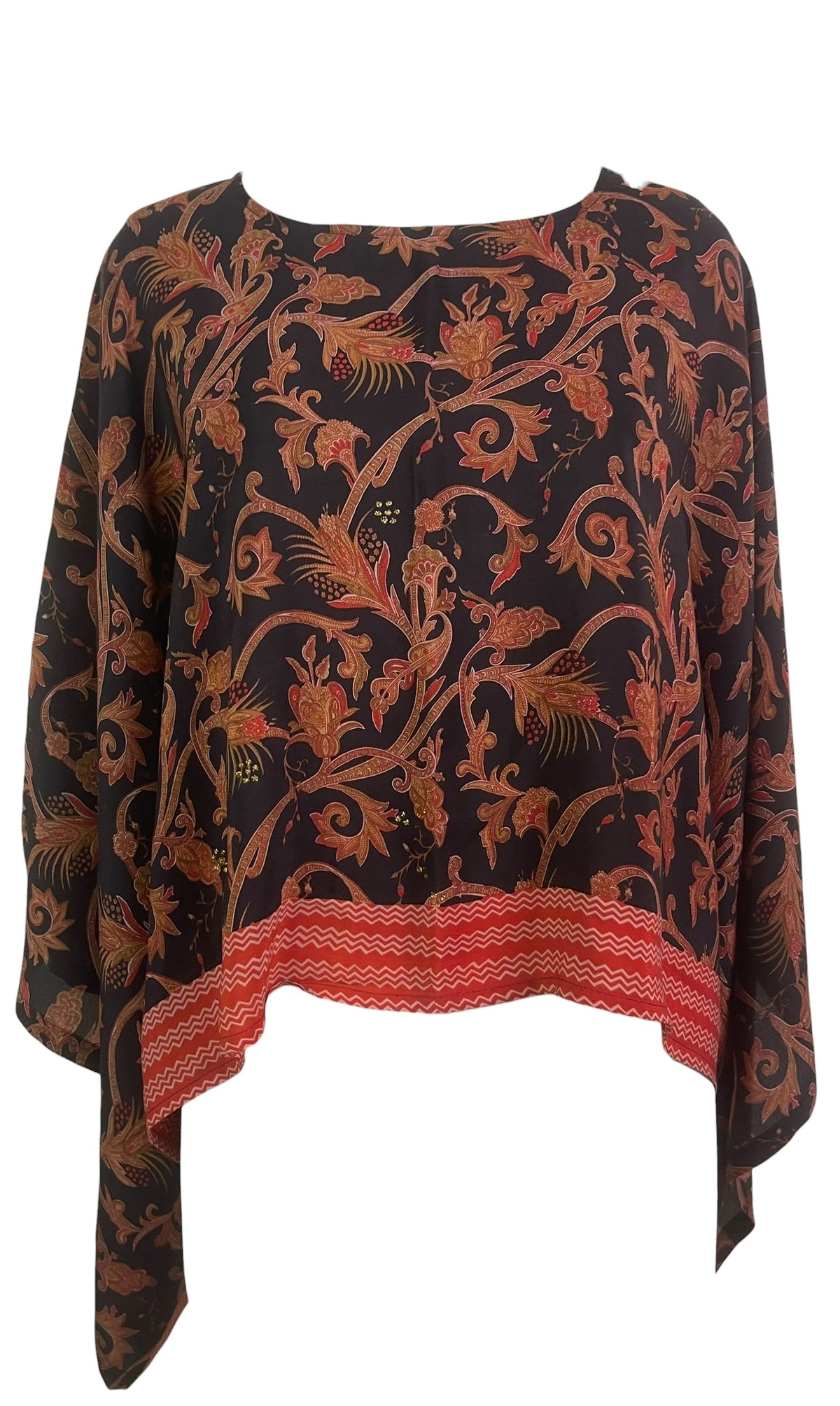 PRC9082 Avatar Pure Silk Kimono-Sleeved Top by HOLD – Handmade ethical Kimono Top from sariKNOTsari using upcycled silk. Designed in Canada for travel and slow fashion, loved from Toronto to LA to Sydney. Featuring Zsiska, Bryn Walker and Artisan Leather coats by Rejean Pepin, Pepin designs