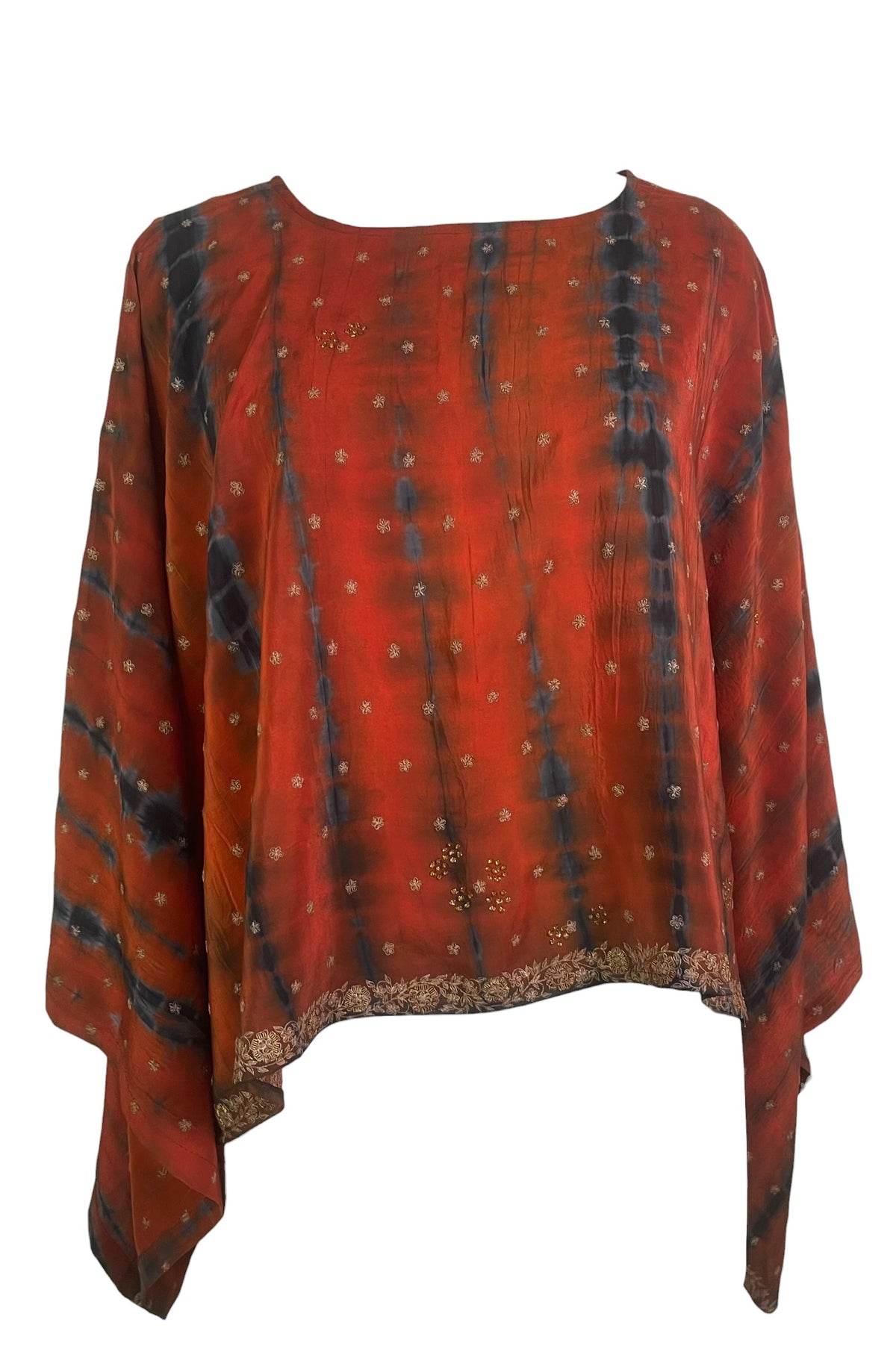 PRC9089  Avatar Pure Silk Kimono-Sleeved Top by HOLD – Handmade ethical Kimono Top from sariKNOTsari using upcycled silk. Designed in Canada for travel and slow fashion, loved from Toronto to LA to Sydney. Featuring Zsiska, Bryn Walker and Artisan Leather coats by Rejean Pepin, Pepin designs