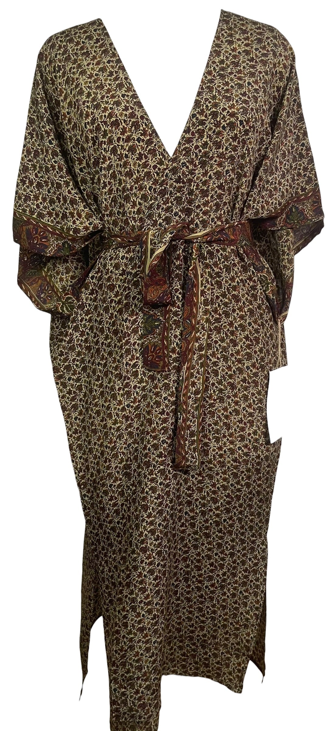 PRC9122 Avatar Long Pure Silk Kimono Sleeved Duster with Belt by HOLD – Handmade ethical Long Kimono from sariKNOTsari using upcycled silk. Designed in Canada for travel and slow fashion, loved from Toronto to LA to Sydney. Featuring Zsiska, Bryn Walker and Artisan Leather coats by Rejean Pepin, Pepin designs