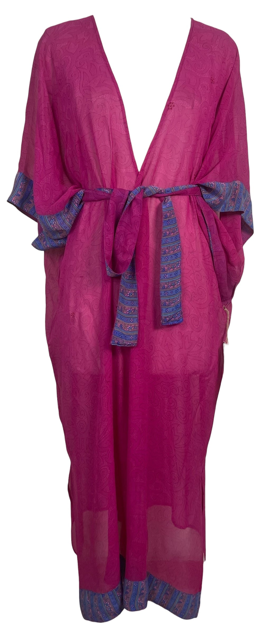 PRG8872 Sheer Avatar Long Pure Silk Kimono Sleeved Duster with Belt