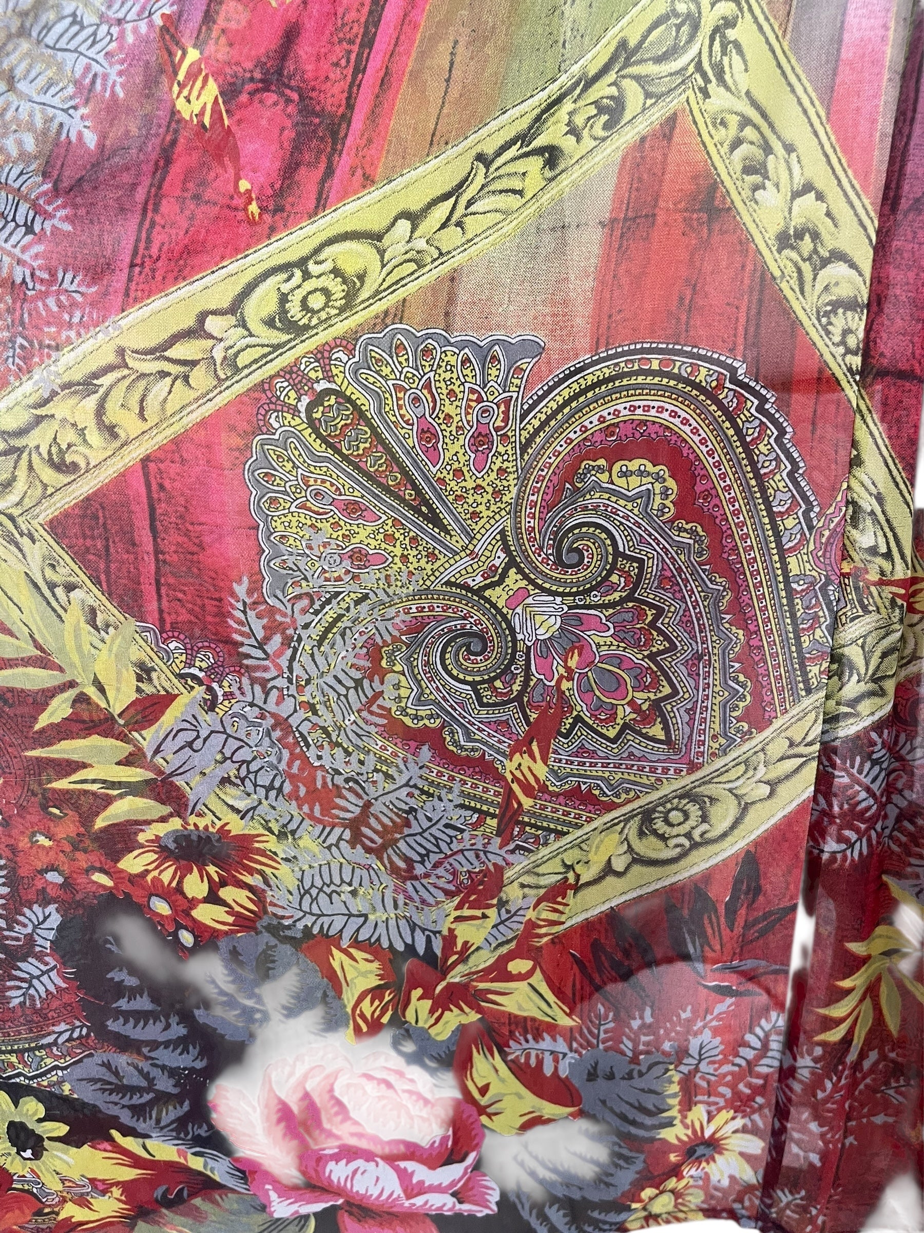 Close-up of a colorful fabric with intricate patterns and floral designs.