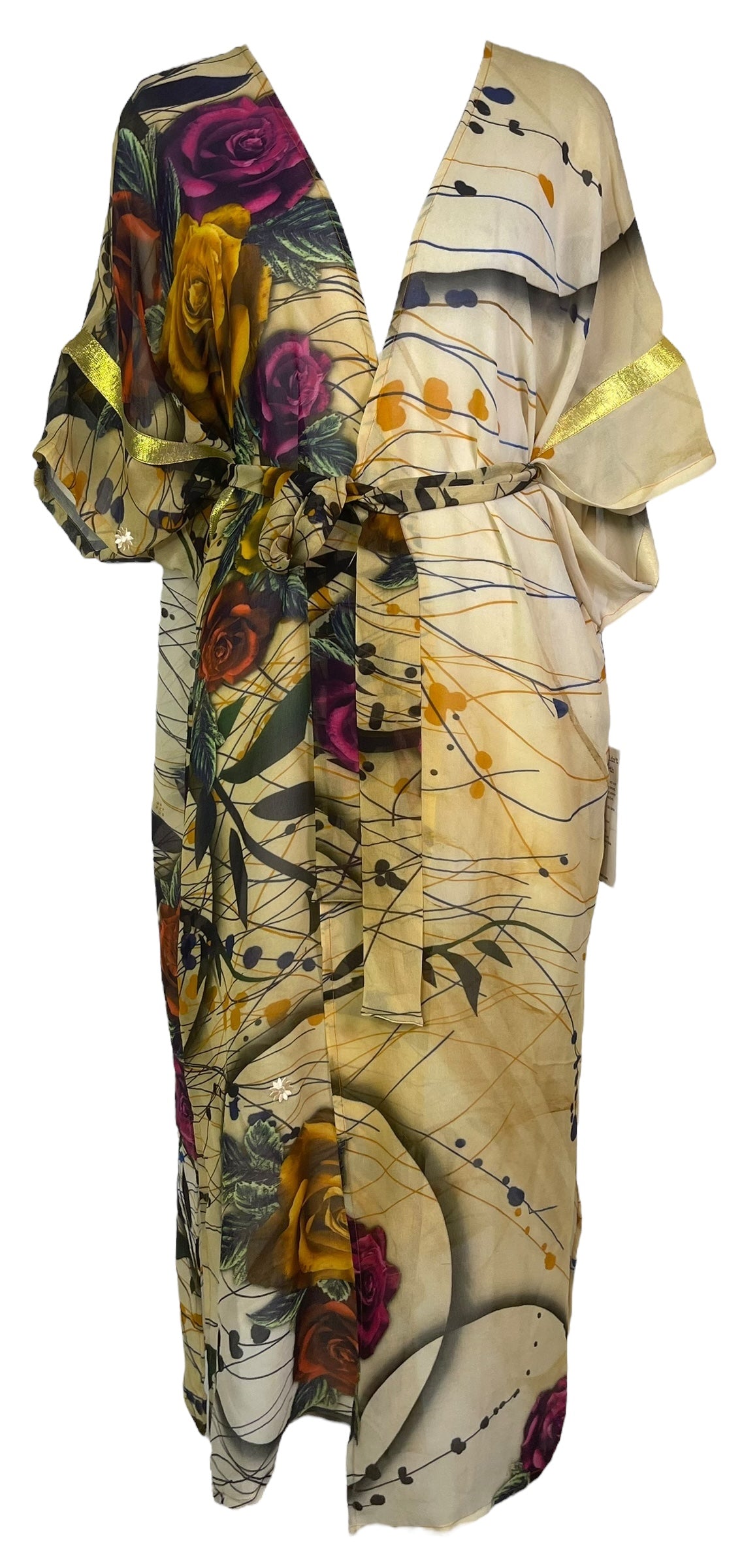 PRG8264 Sheer Avatar Long Pure Silk Kimono Sleeved Duster with Belt