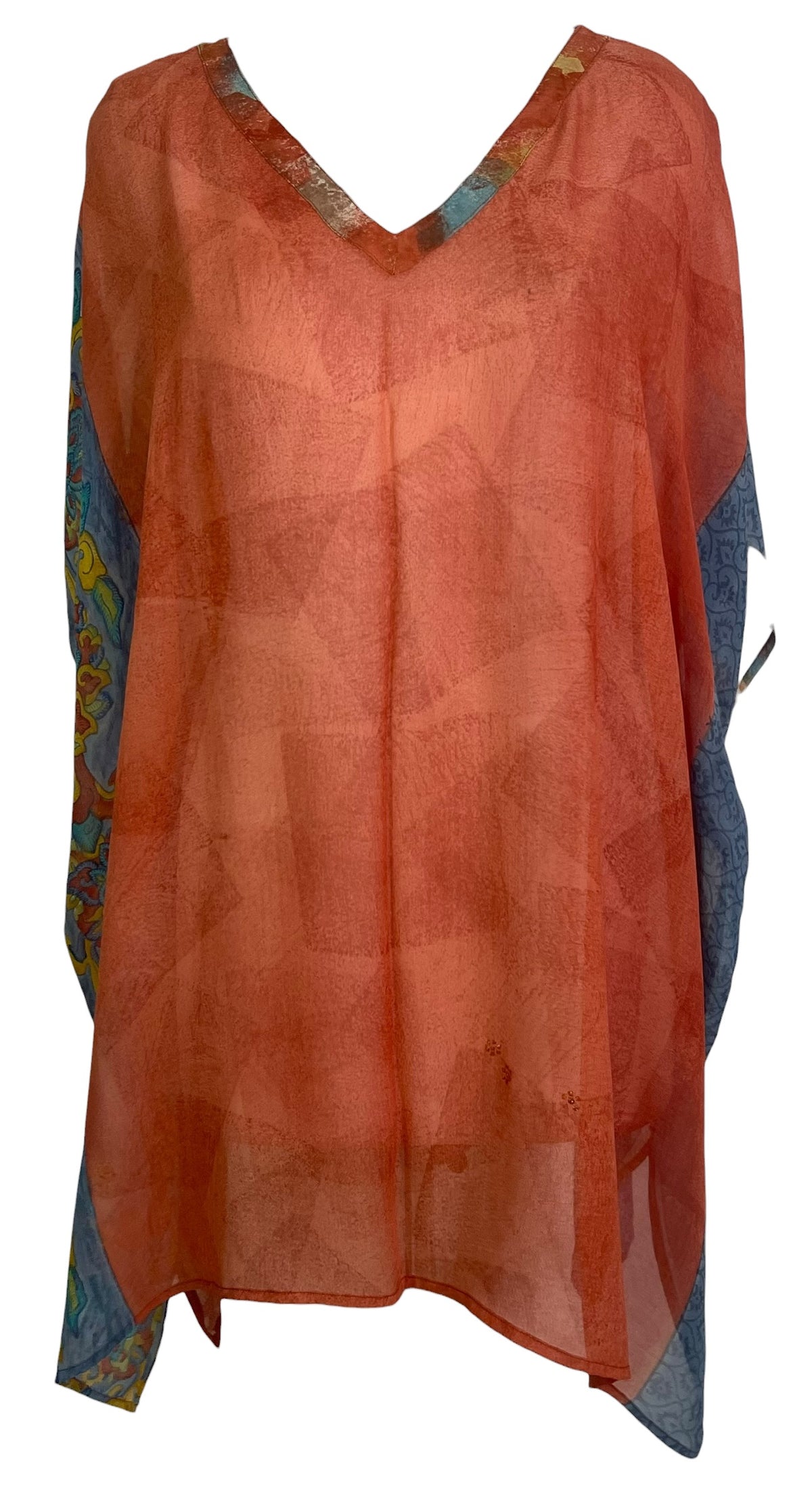 PRG8768 Sheer Avatar Pure Silk Short Kaftan Tunic with Slits by HOLD – Handmade ethical Short Kaftan from sariKNOTsari using upcycled silk. Designed in Canada for travel and slow fashion, loved from Toronto to LA to Sydney. Featuring Zsiska, Bryn Walker and Artisan Leather coats by Rejean Pepin, Pepin designs