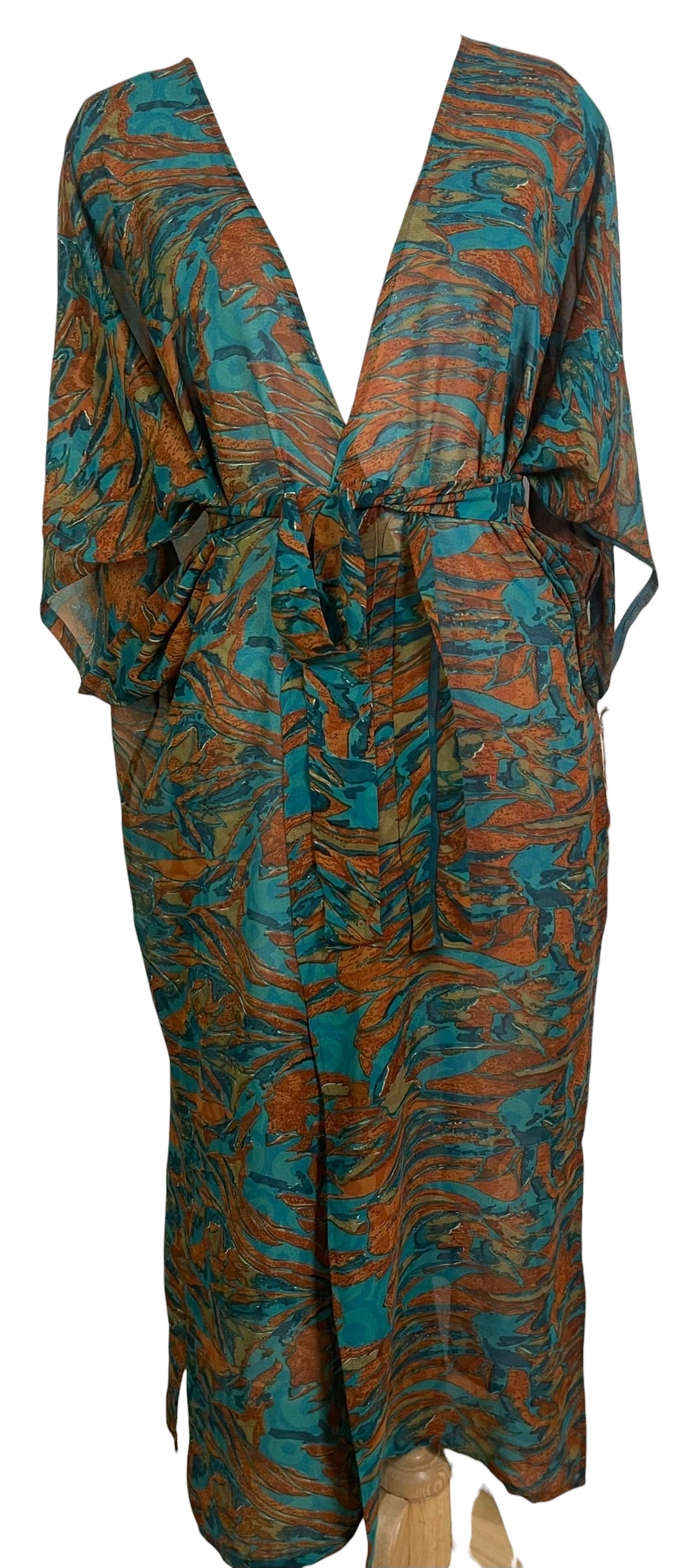 PRG9046 Sheer Avatar Long Pure Silk Kimono Sleeved Duster with Belt
