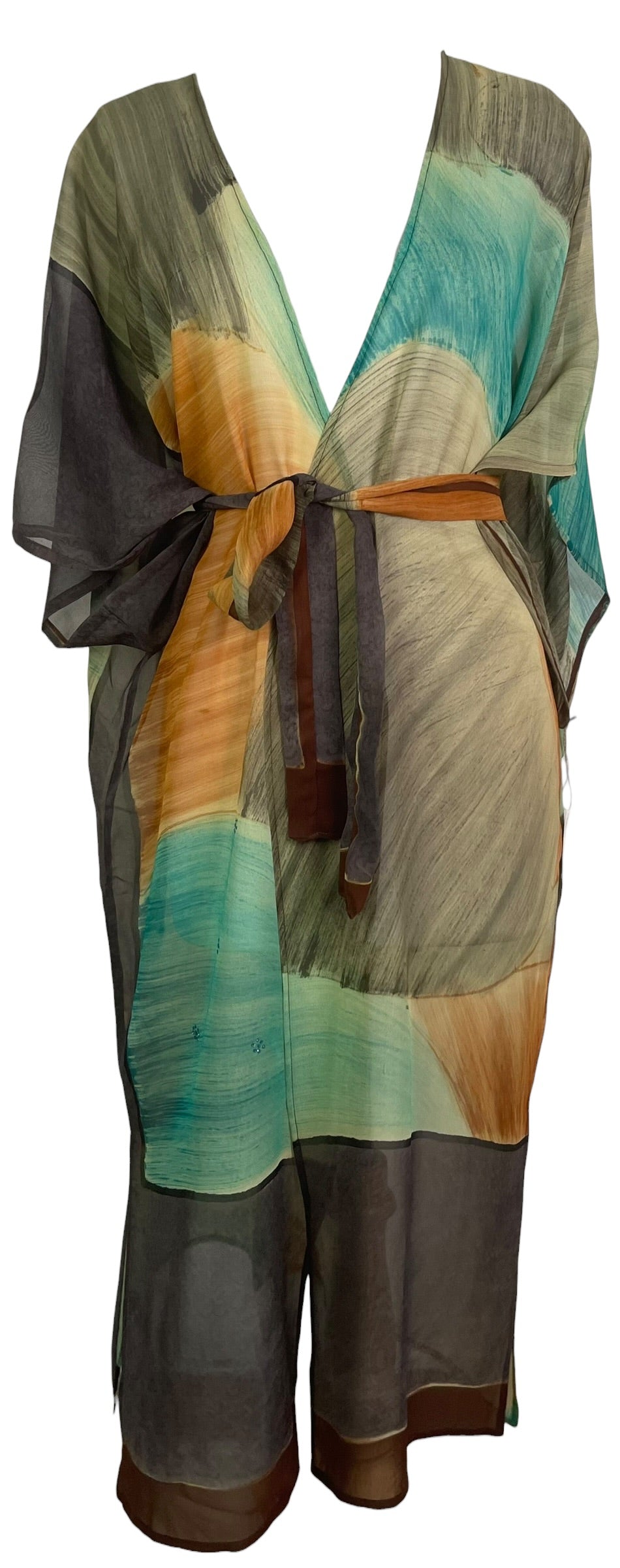 PRG9050 Sheer Avatar Long Pure Silk Kimono Sleeved Duster with Belt