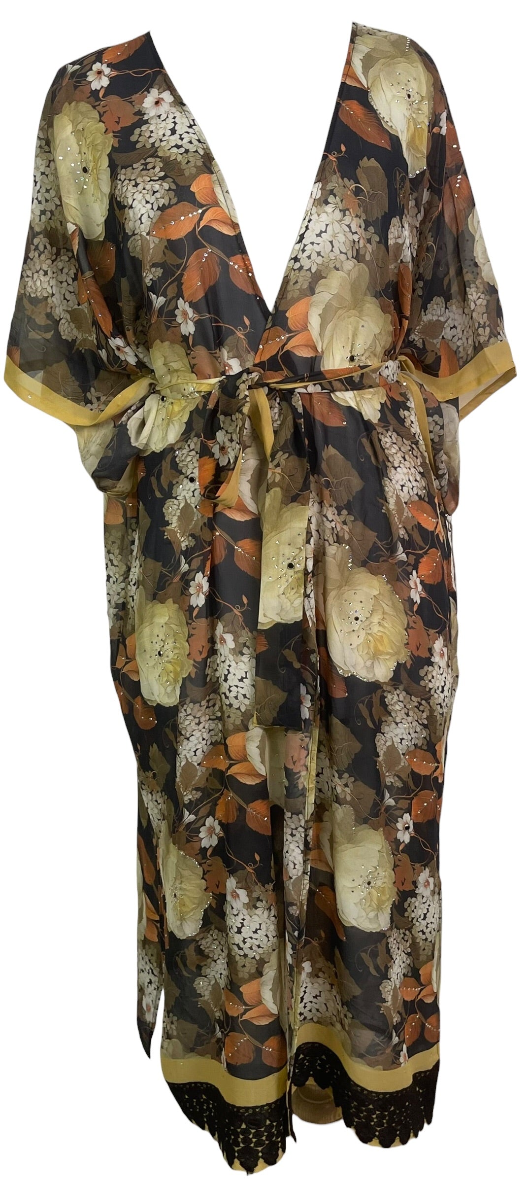 PRG9052 Sheer Avatar Long Pure Silk Kimono Sleeved Duster with Belt