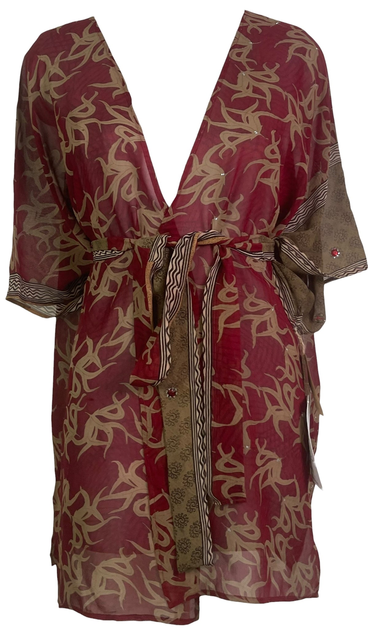 PRG9103  Sheer Wabi Sabi Pure Silk Kimono-Sleeved Jacket with Belt by HOLD – Handmade ethical Short Kimono from sariKNOTsari using upcycled silk. Designed in Canada for travel and slow fashion, loved from Toronto to LA to Sydney. Featuring Zsiska, Bryn Walker and Artisan Leather coats by Rejean Pepin, Pepin designs