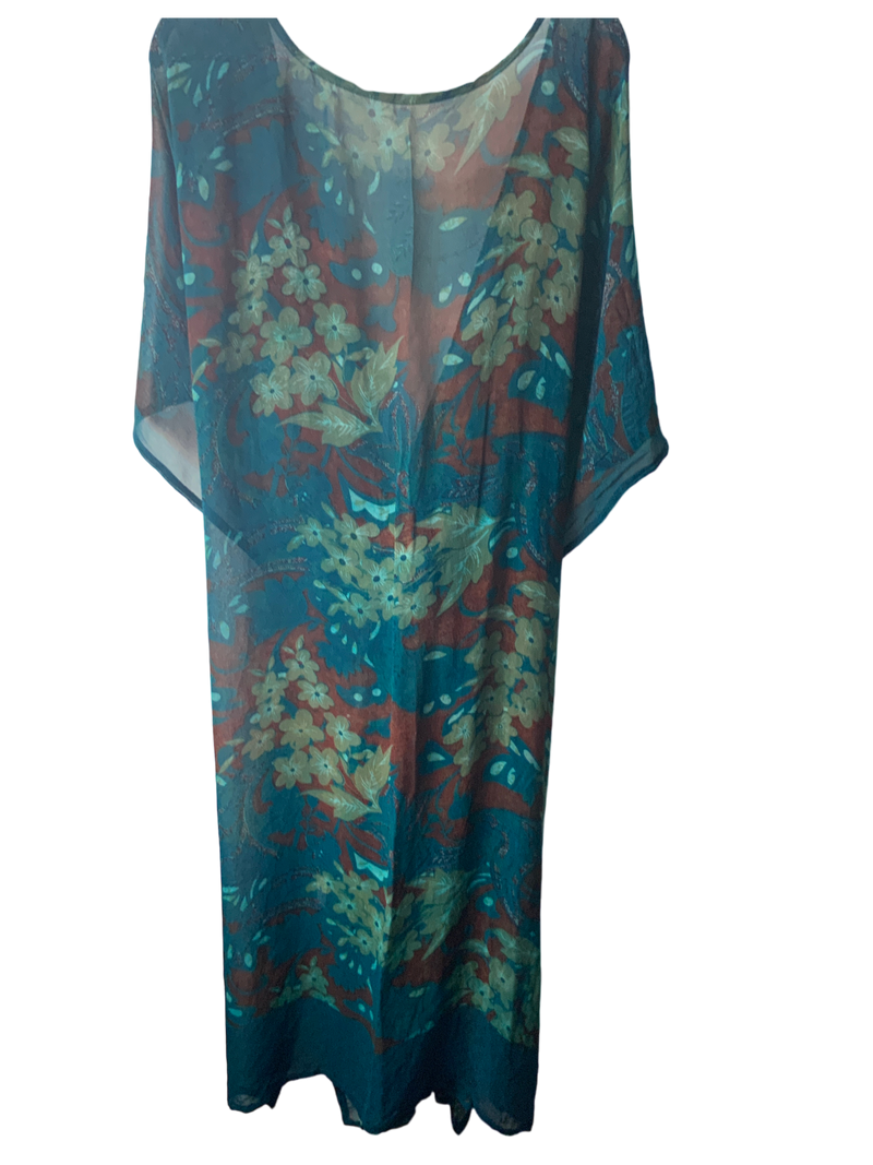 PRG1459 Sheer Avatar Long Pure Silk Kimono Sleeved Duster with Belt