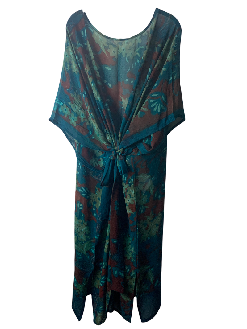 PRG1459 Sheer Avatar Long Pure Silk Kimono Sleeved Duster with Belt