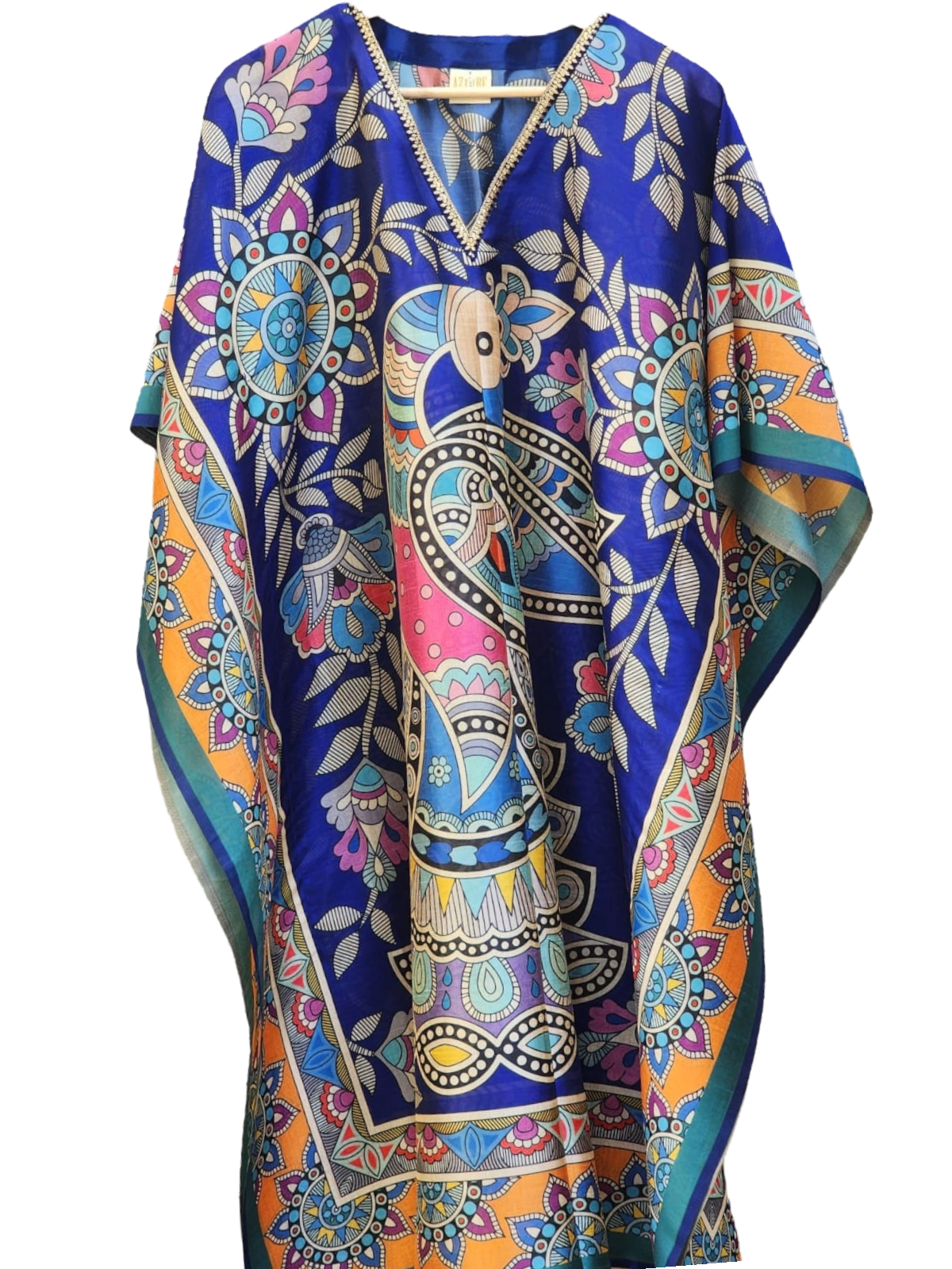 Blue Flirty Peacock Silk Blend Midi Length Kaftan