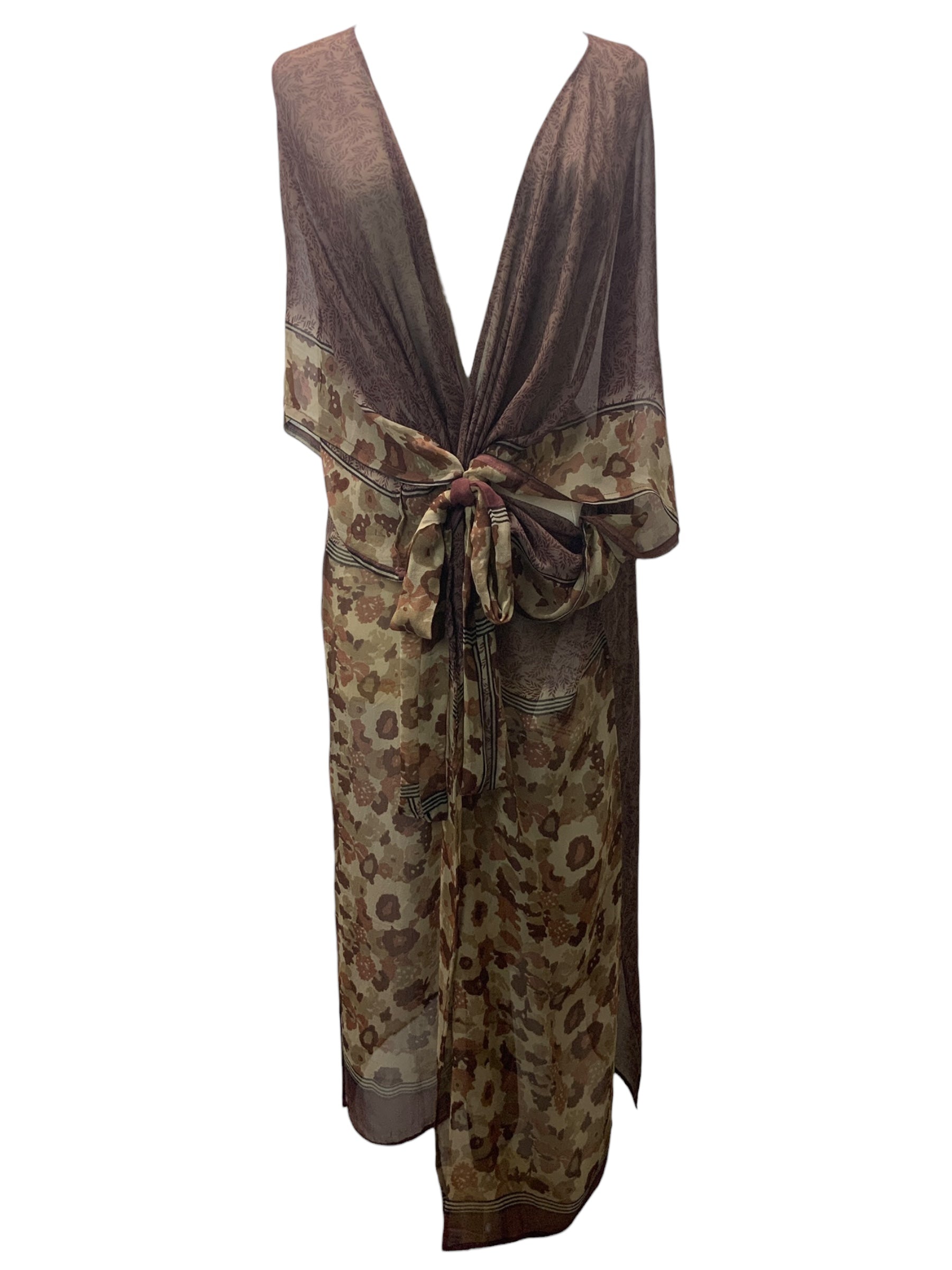 PRG931 Matateto Sheer Avatar Long Pure Silk Kimono Sleeved Duster with Belt