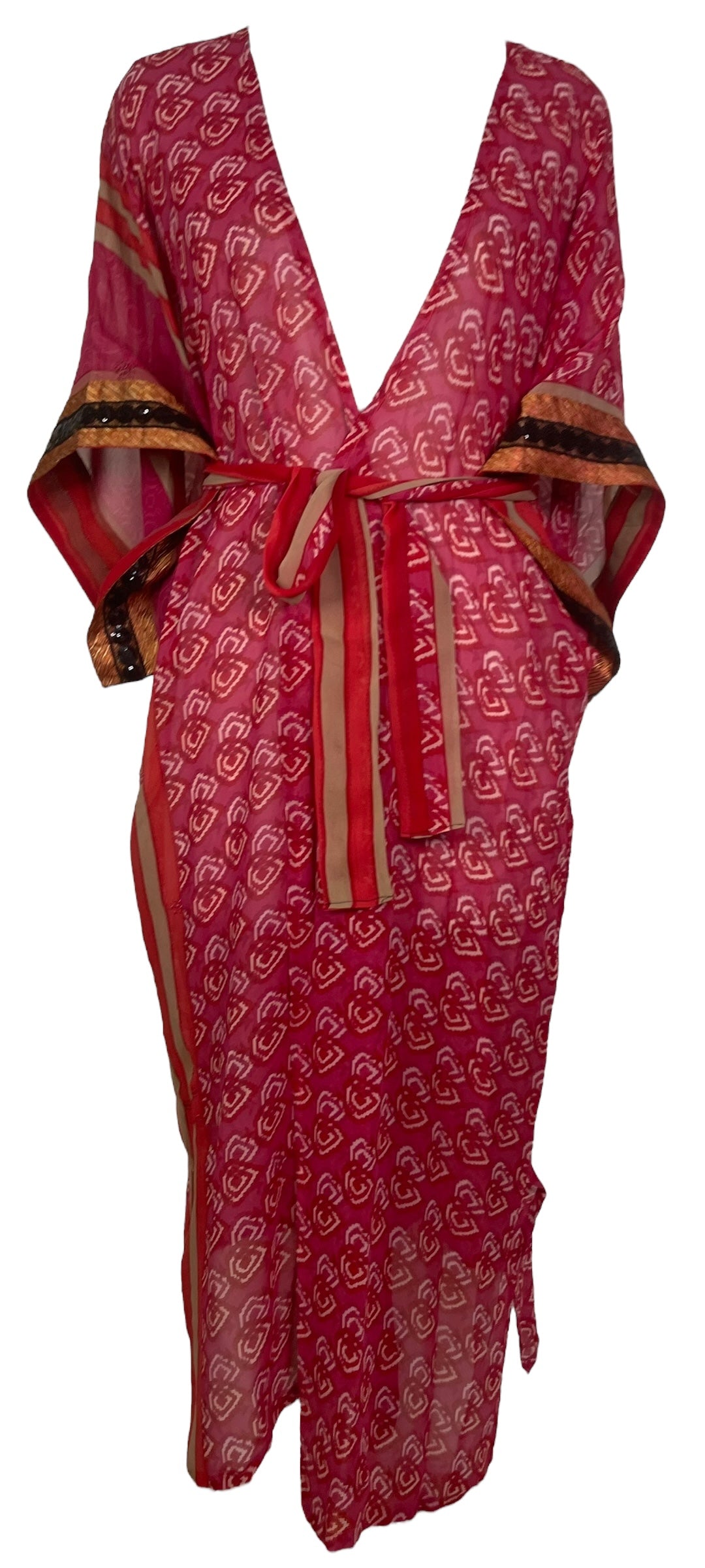 PRG7655 Sheer Avatar Long Pure Silk Kimono Sleeved Duster with Belt