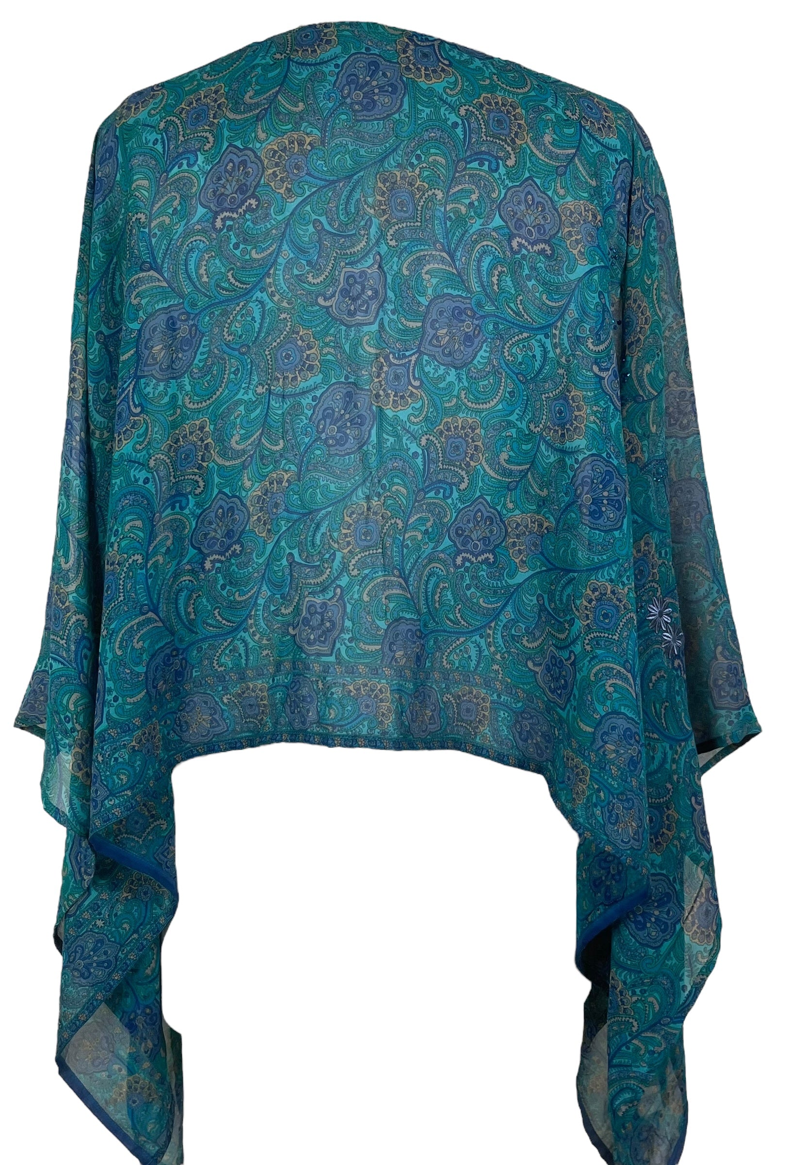 PREVIEW PRG7960 Sheer Avatar Pure Silk Capelet Poncho by DECEMBER2025 – Handmade ethical Poncho from sariKNOTsari using upcycled silk. Designed in Canada for travel and slow fashion, loved from Toronto to LA to Sydney.