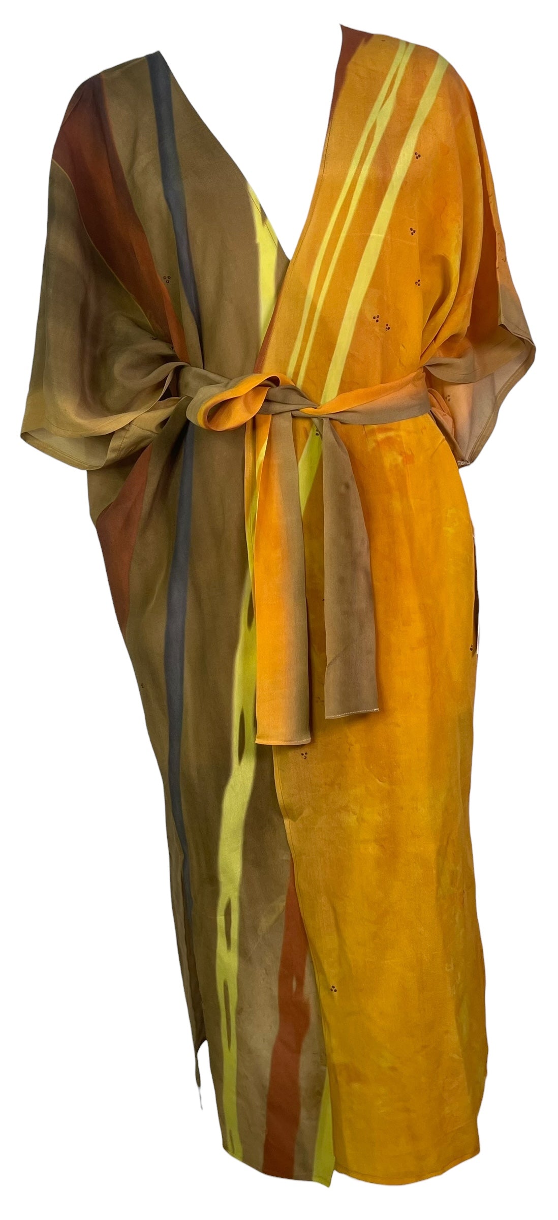 PRC8553 Avatar Long Pure Silk Kimono Sleeved Duster with Belt