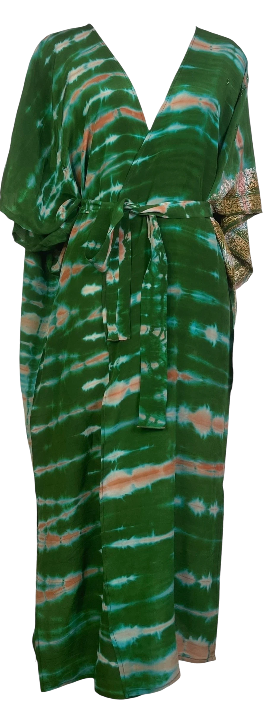 PRC8555 Avatar Long Pure Silk Kimono Sleeved Duster with Belt