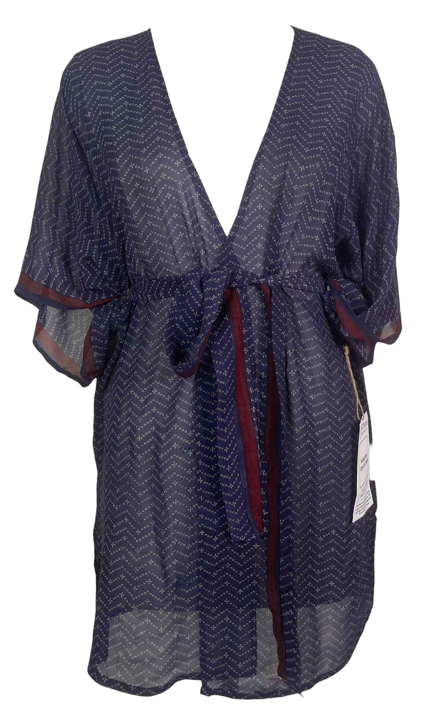 PREVIEW PRG8512 Sheer Avatar Pure Silk Kimono-Sleeved Jacket with Belt by MARCH2026 – Handmade ethical Short Kimono from sariKNOTsari using upcycled silk. Designed in Canada for travel and slow fashion, loved from Toronto to LA to Sydney. Featuring Zsiska, Bryn Walker and Artisan Leather coats by Rejean Pepin, Pepin designs