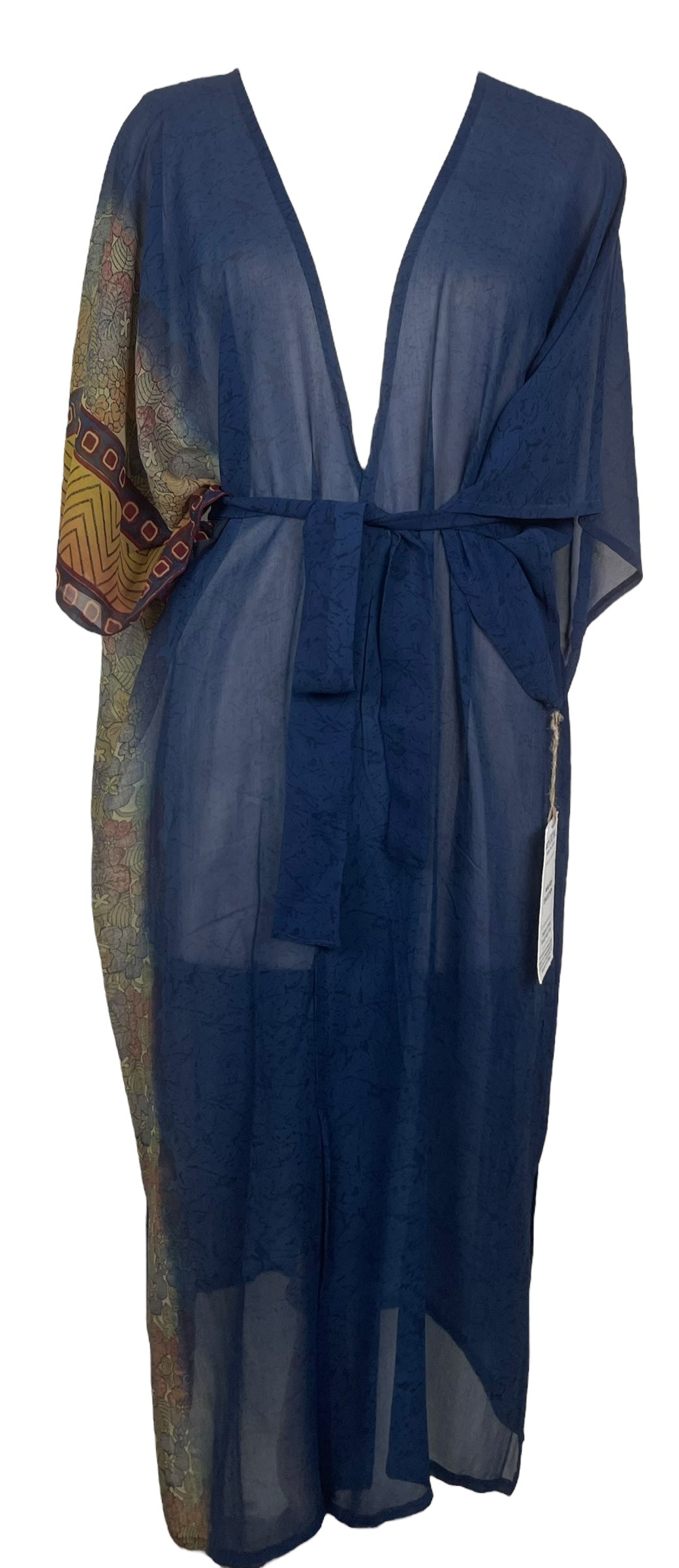 PRG7633 Sheer Avatar Long Pure Silk Kimono Sleeved Duster with Belt