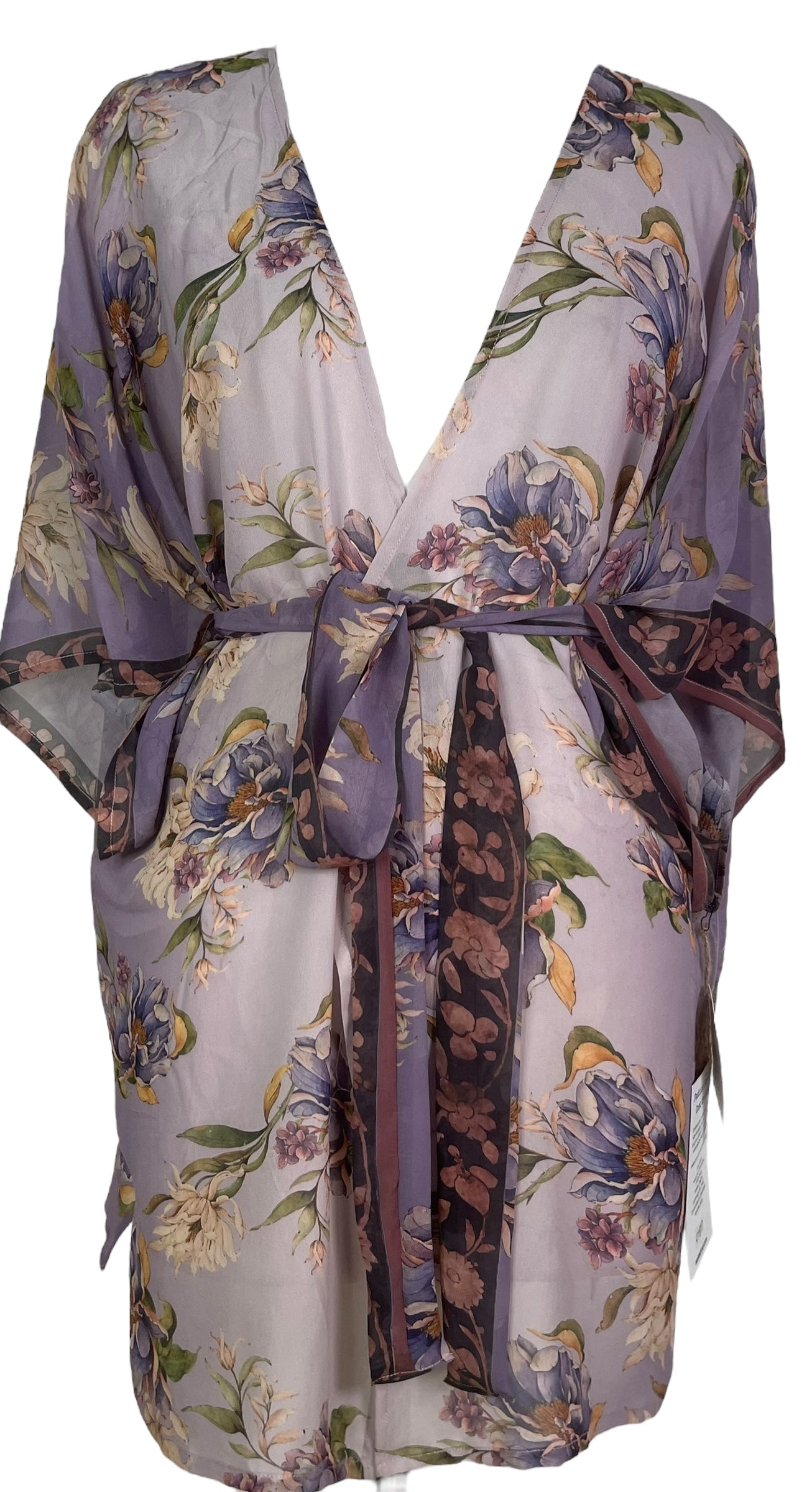 MARKETING PRG7877 Sheer Avatar Pure Silk Kimono-Sleeved Jacket with Belt by MARKETING – Handmade ethical Short Kimono from sariKNOTsari using upcycled silk. Designed in Canada for travel and slow fashion, loved from Toronto to LA to Sydney.