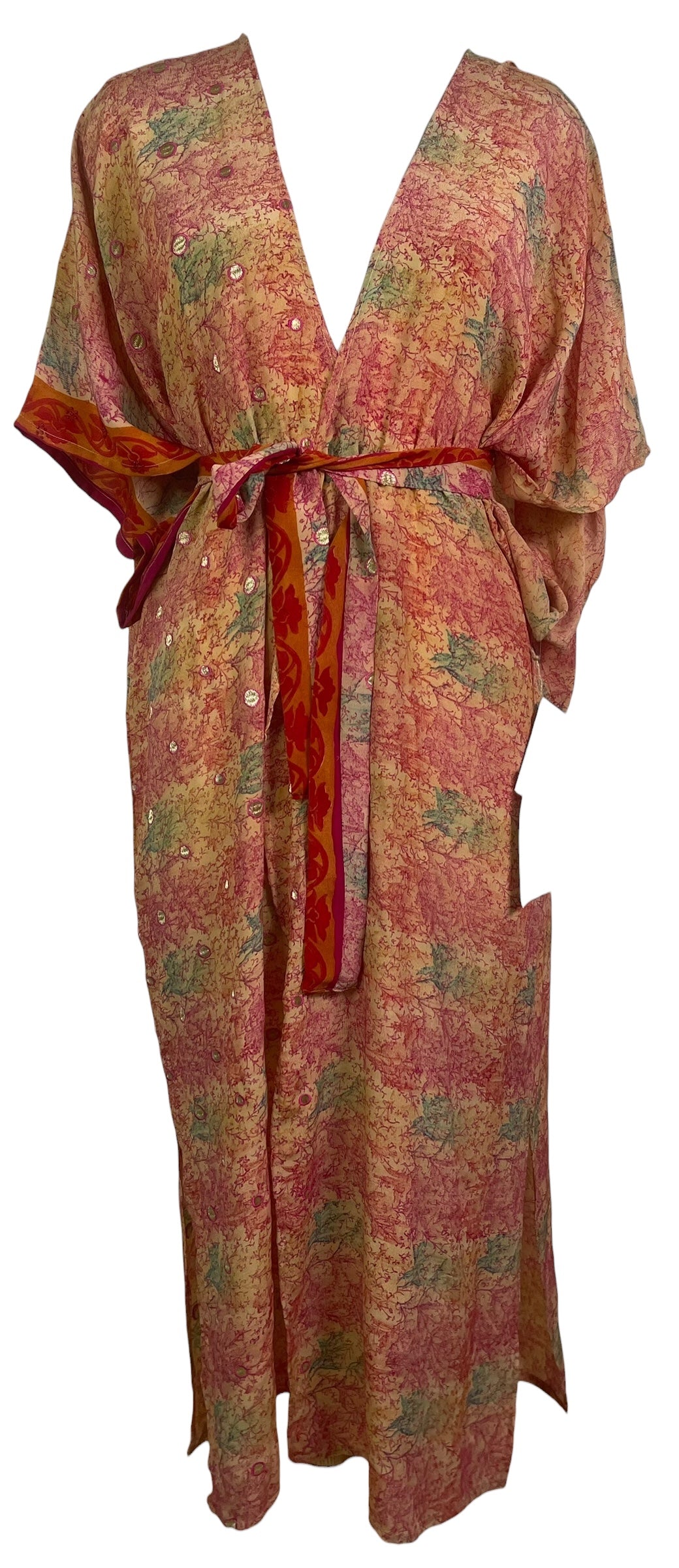PRC8882 Avatar Long Pure Silk Kimono Sleeved Duster with Belt