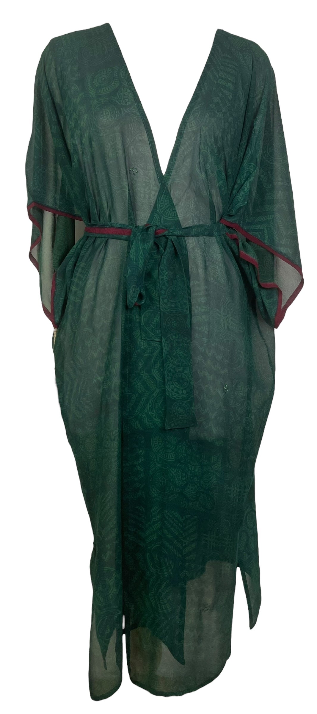 PRG7656 Sheer Avatar Long Pure Silk Kimono Sleeved Duster with Belt