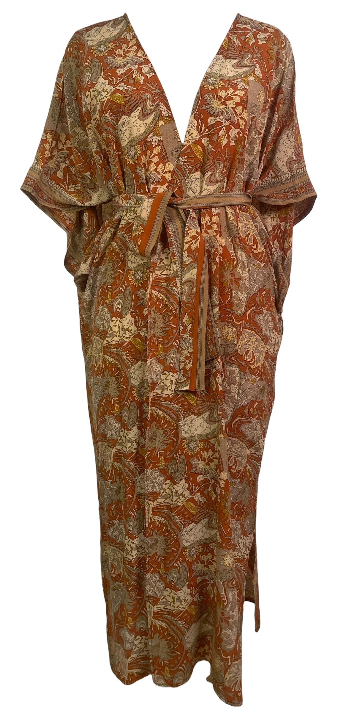 PRC8884 Avatar Long Pure Silk Kimono Sleeved Duster with Belt