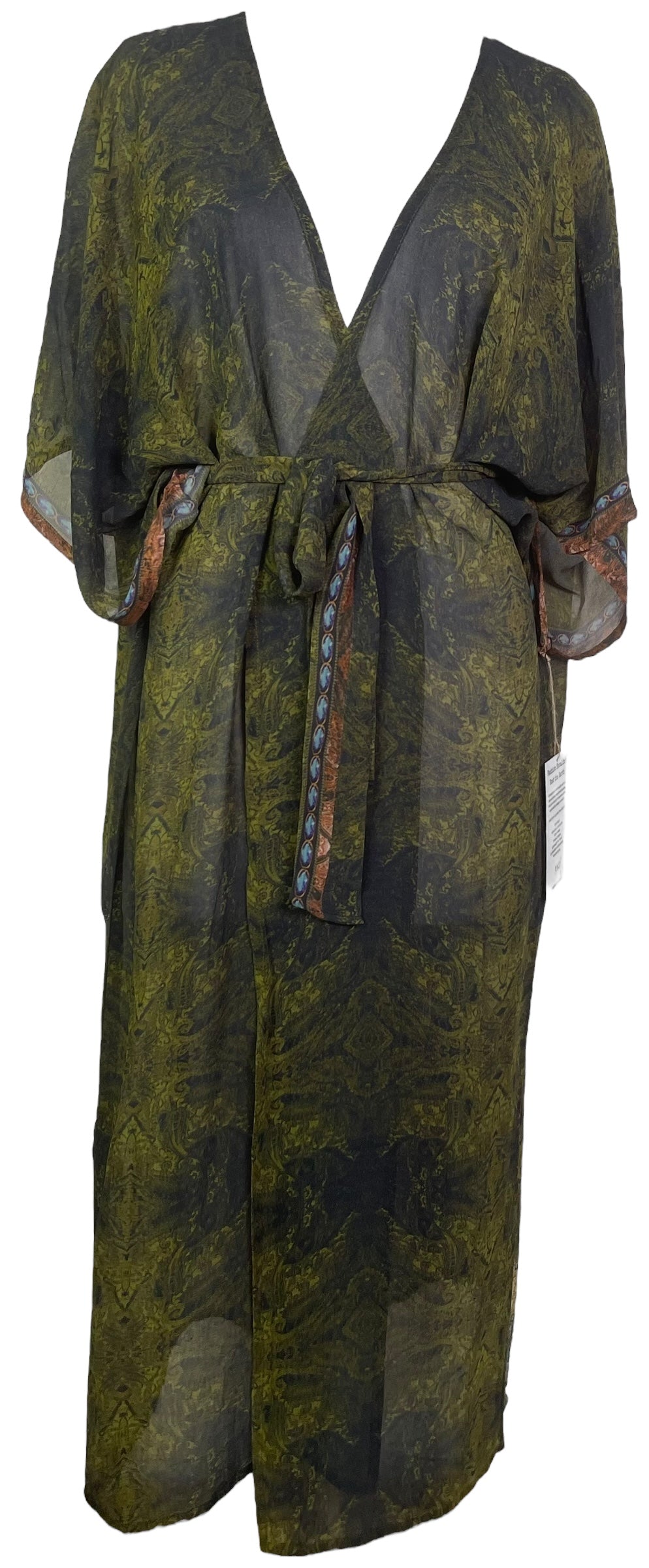 PRG7652 Sheer Avatar Long Pure Silk Kimono Sleeved Duster with Belt