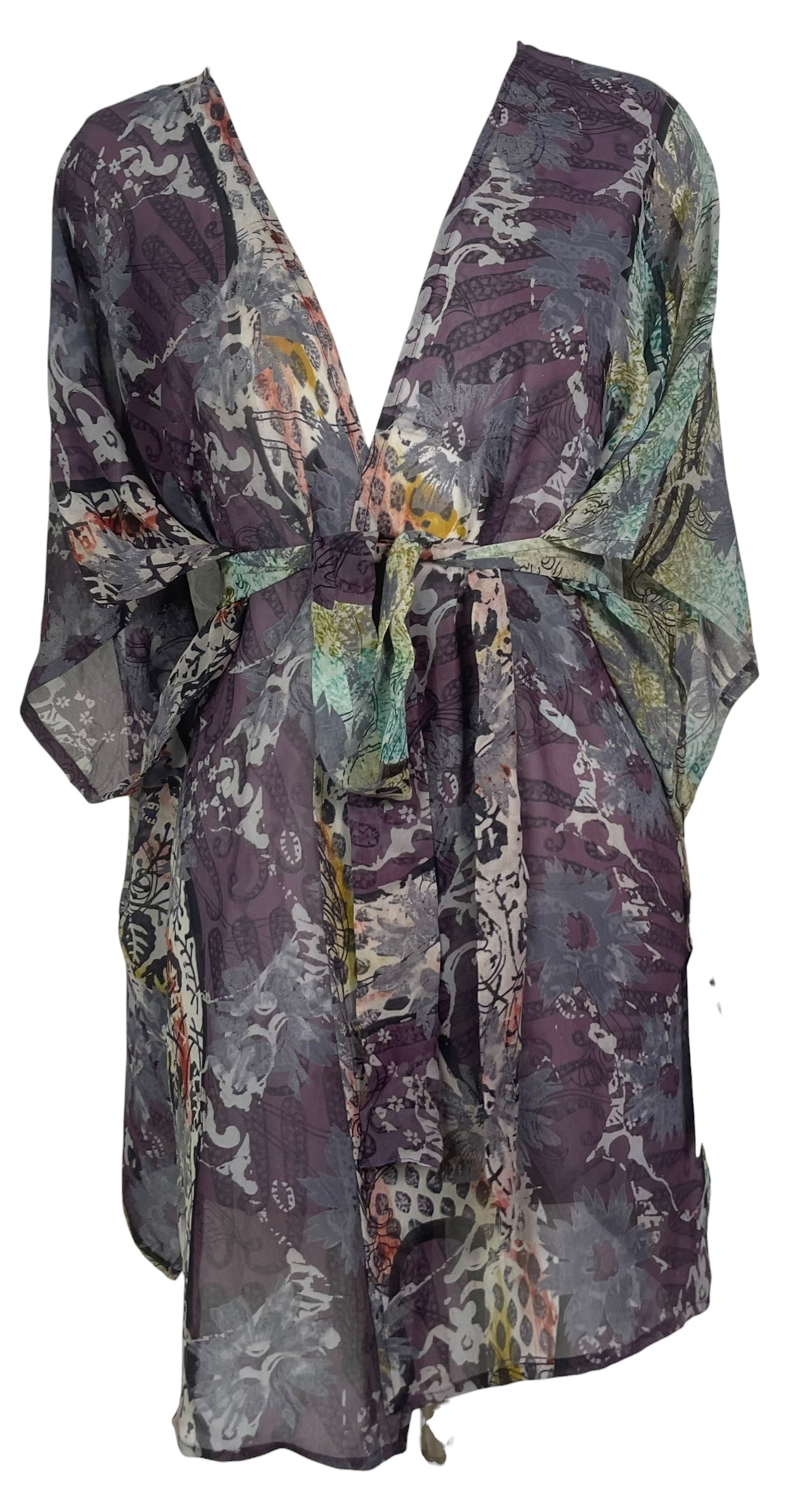 PRG8521 Sheer Wabi Sabi Pure Silk Kimono-Sleeved Jacket with Belt
