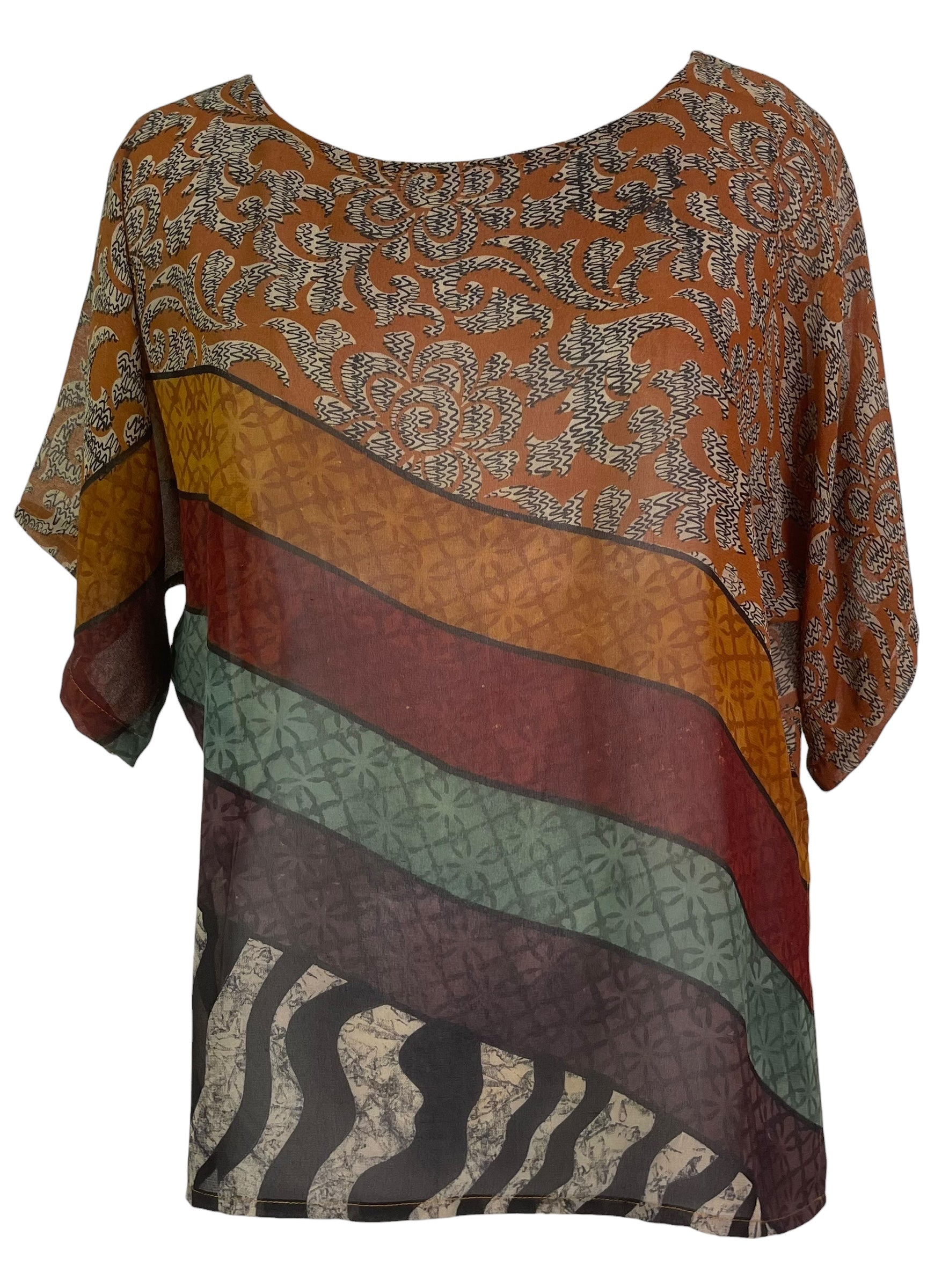 PREVIEW PRG8523 Sheer Wabi Sabi Pure Silk Side Slit Top by FEBRUARY2026 – Handmade ethical Side Slit Top from sariKNOTsari using upcycled silk. Designed in Canada for travel and slow fashion, loved from Toronto to LA to Sydney.