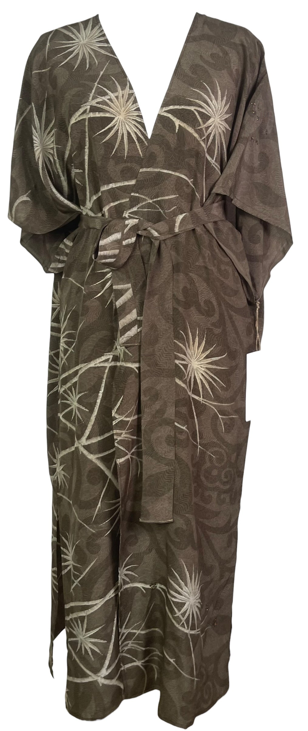 PRC8556 Avatar Long Pure Silk Kimono Sleeved Duster with Belt