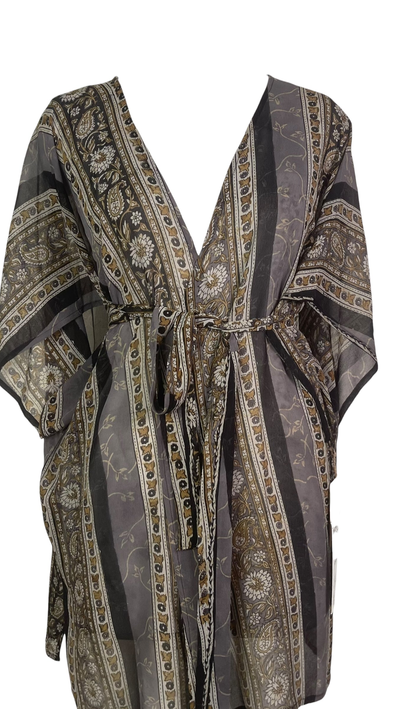 PREVIEW PRG8514 Sheer Wabi Sabi Pure Silk Kimono-Sleeved Jacket with Belt by FEBRUARY2026 – Handmade ethical Short Kimono from sariKNOTsari using upcycled silk. Designed in Canada for travel and slow fashion, loved from Toronto to LA to Sydney.