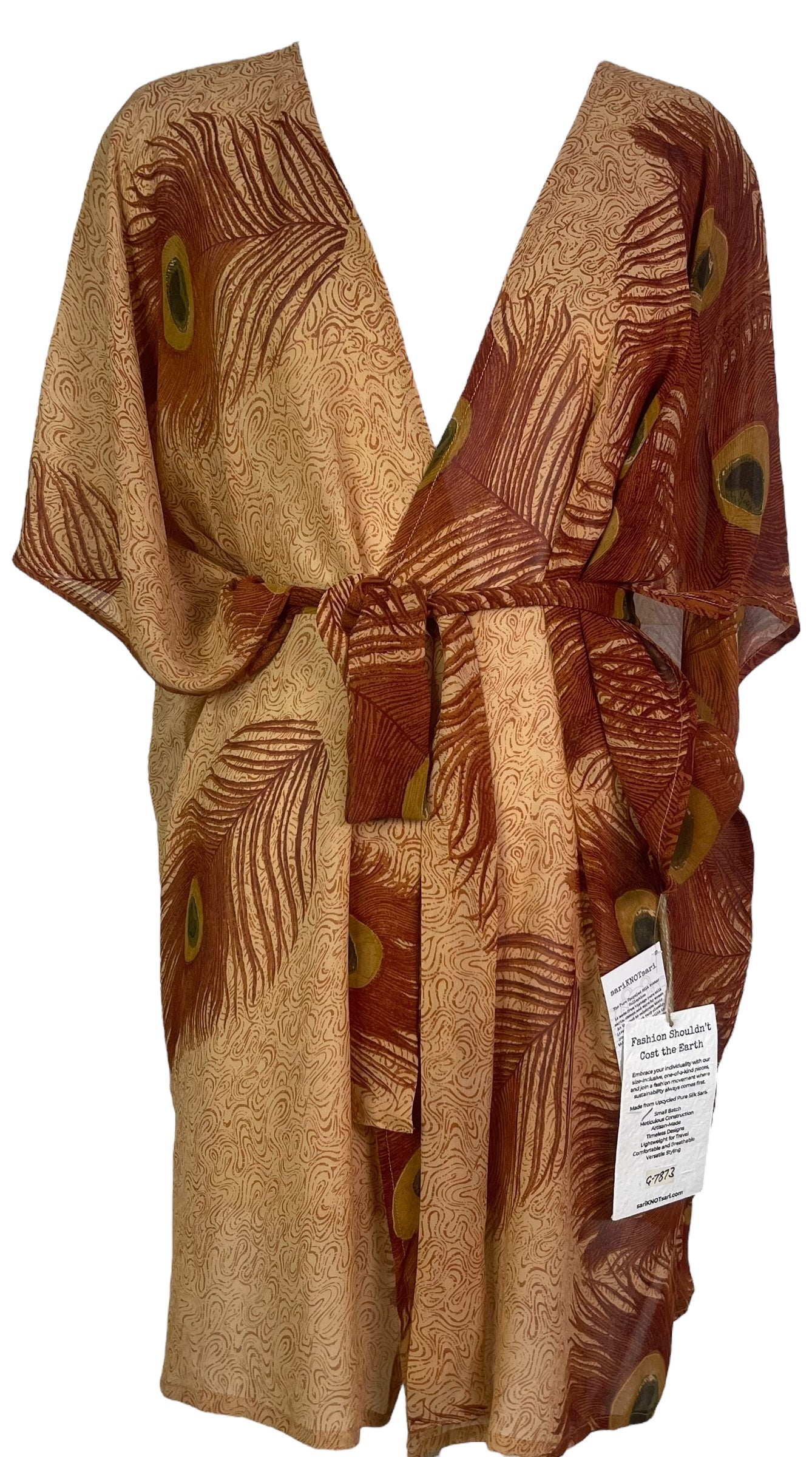 MARKETING PRG7873 Sheer Avatar Pure Silk Kimono-Sleeved Jacket with Belt by MARKETING – Handmade ethical Short Kimono from sariKNOTsari using upcycled silk. Designed in Canada for travel and slow fashion, loved from Toronto to LA to Sydney.