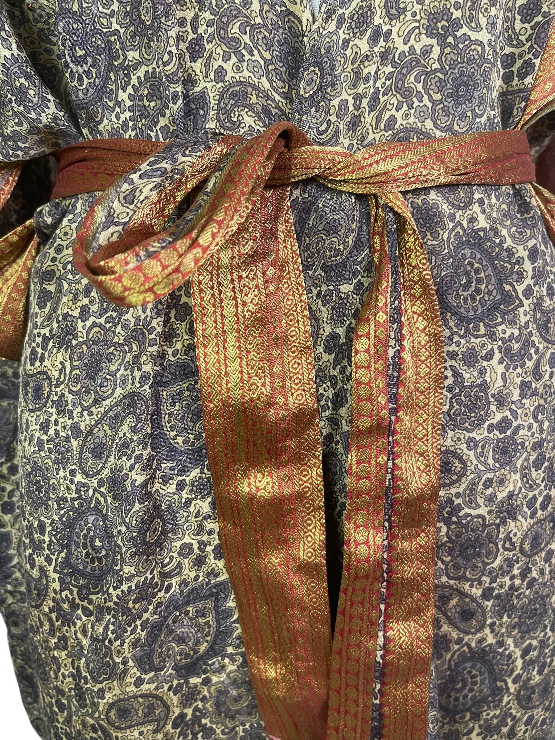 PRC8554 Avatar Long Pure Silk Kimono Sleeved Duster with Belt